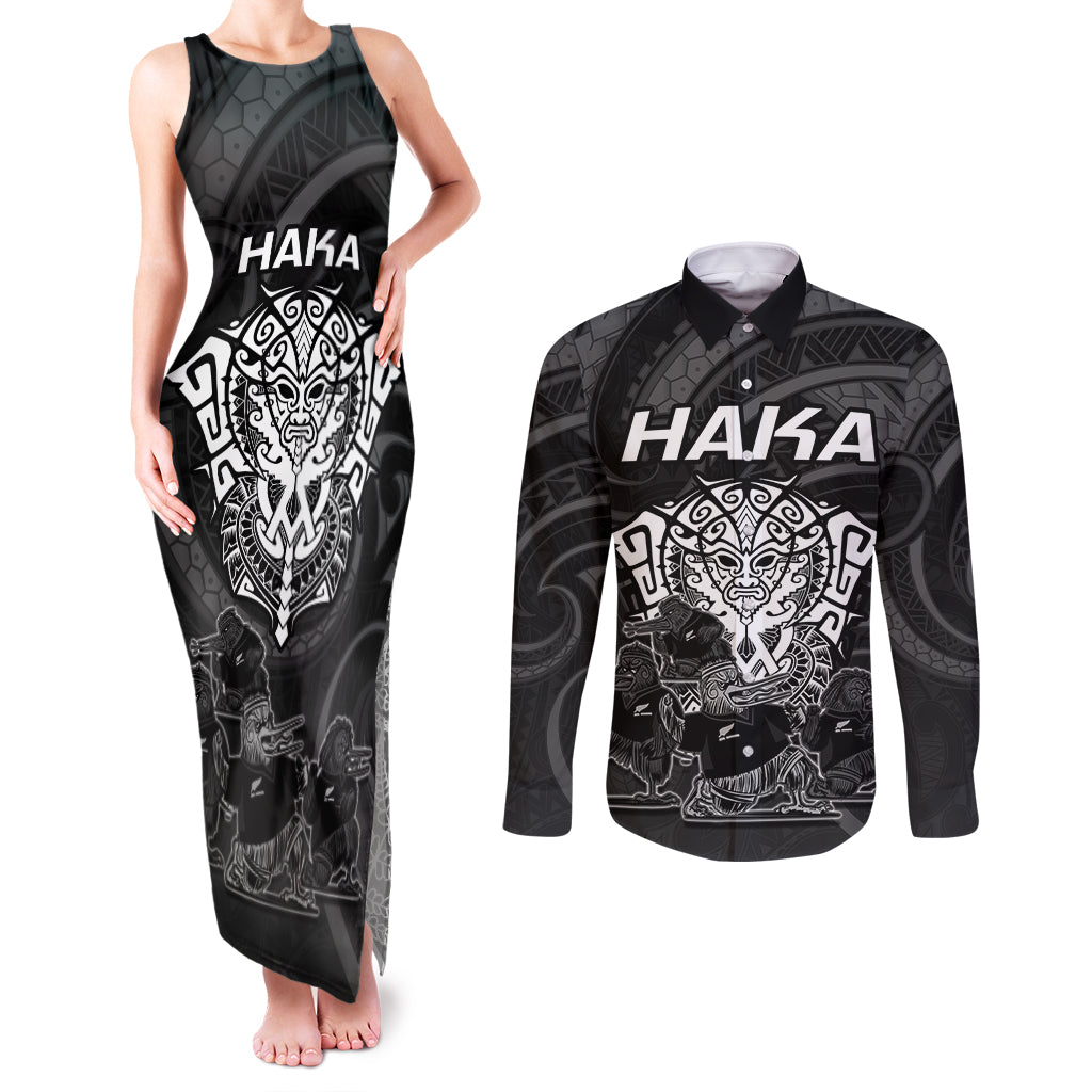 Personalised New Zealand Rugby Couples Matching Tank Maxi Dress and Long Sleeve Button Shirts Aotearoa Ka Mate Haka All Black Mix Ta Moko White Style LT9 - Wonder Print Shop