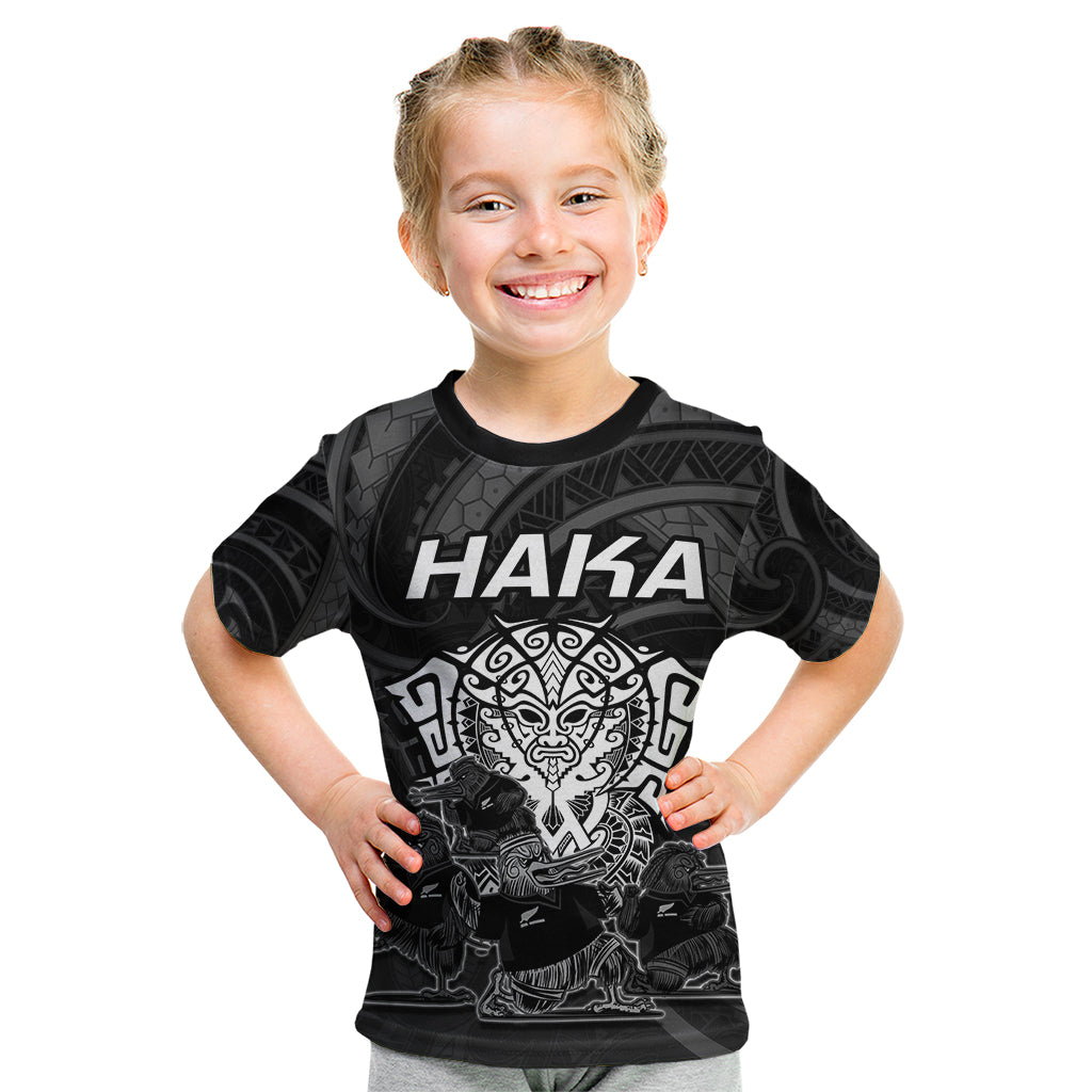 Personalised New Zealand Rugby Kid T Shirt Aotearoa Ka Mate Haka All Black Mix Ta Moko White Style - Wonder Print Shop