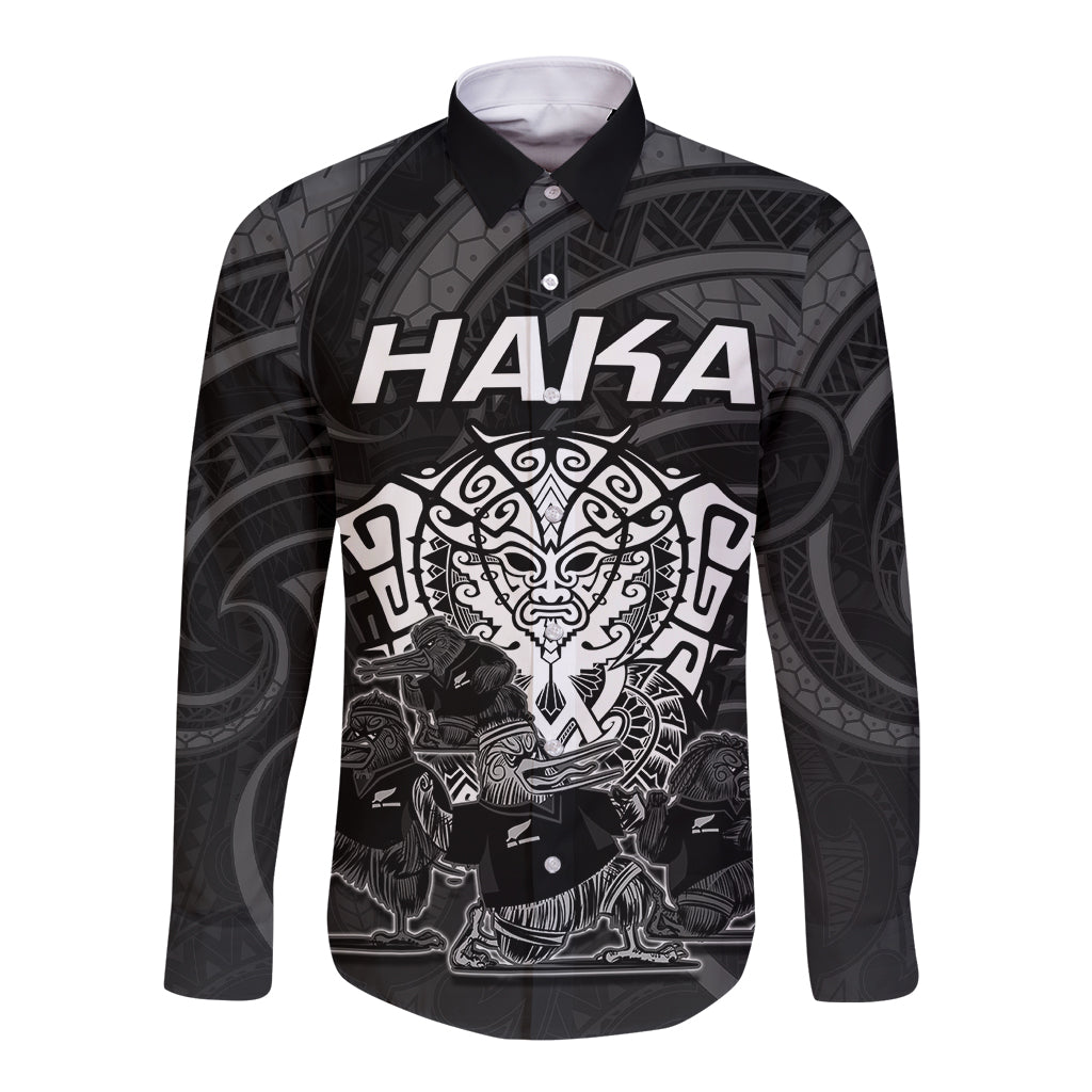 Personalised New Zealand Rugby Long Sleeve Button Shirt Aotearoa Ka Mate Haka All Black Mix Ta Moko White Style - Wonder Print Shop