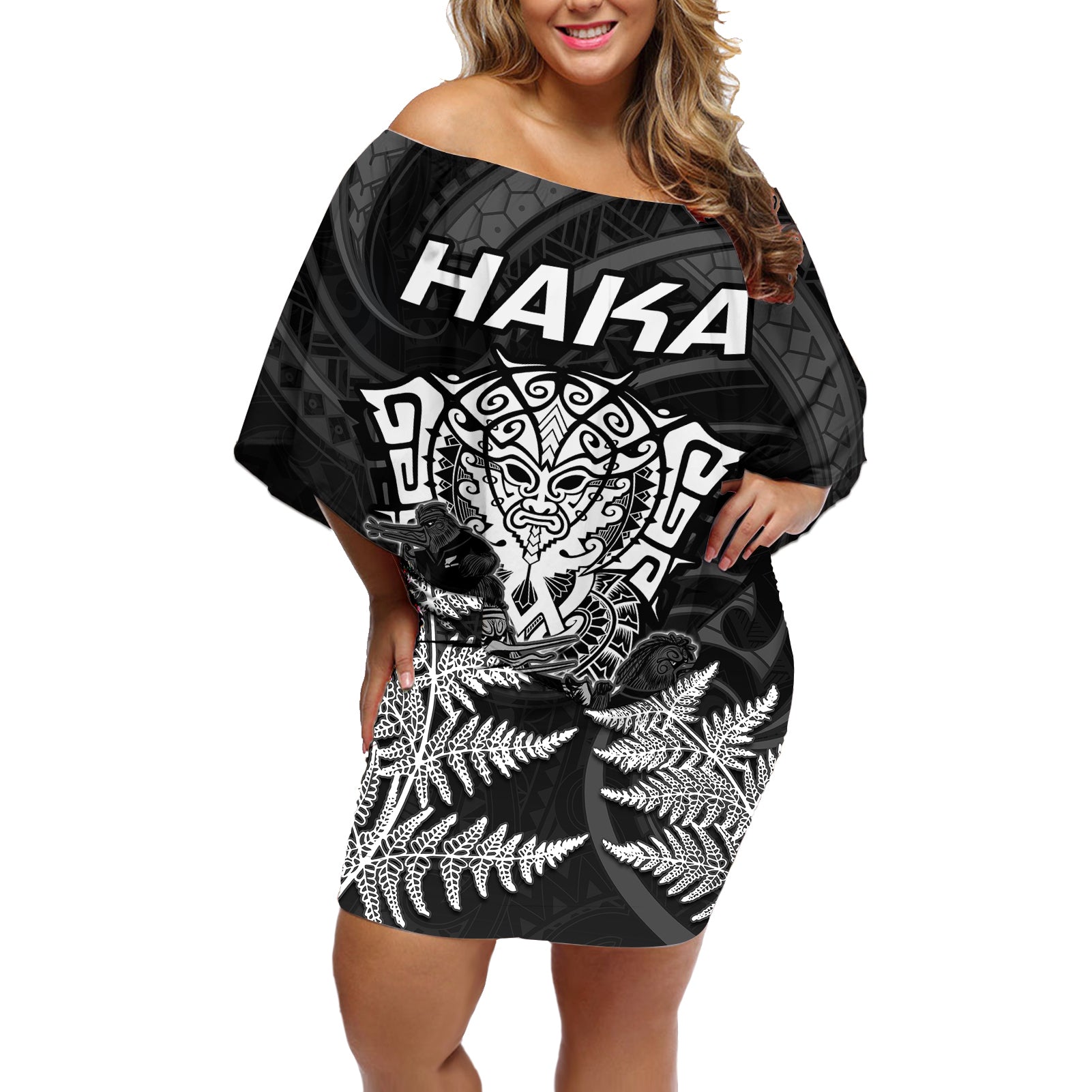 Personalised New Zealand Rugby Off Shoulder Short Dress Aotearoa Ka Mate Haka All Black Mix Ta Moko White Style - Wonder Print Shop