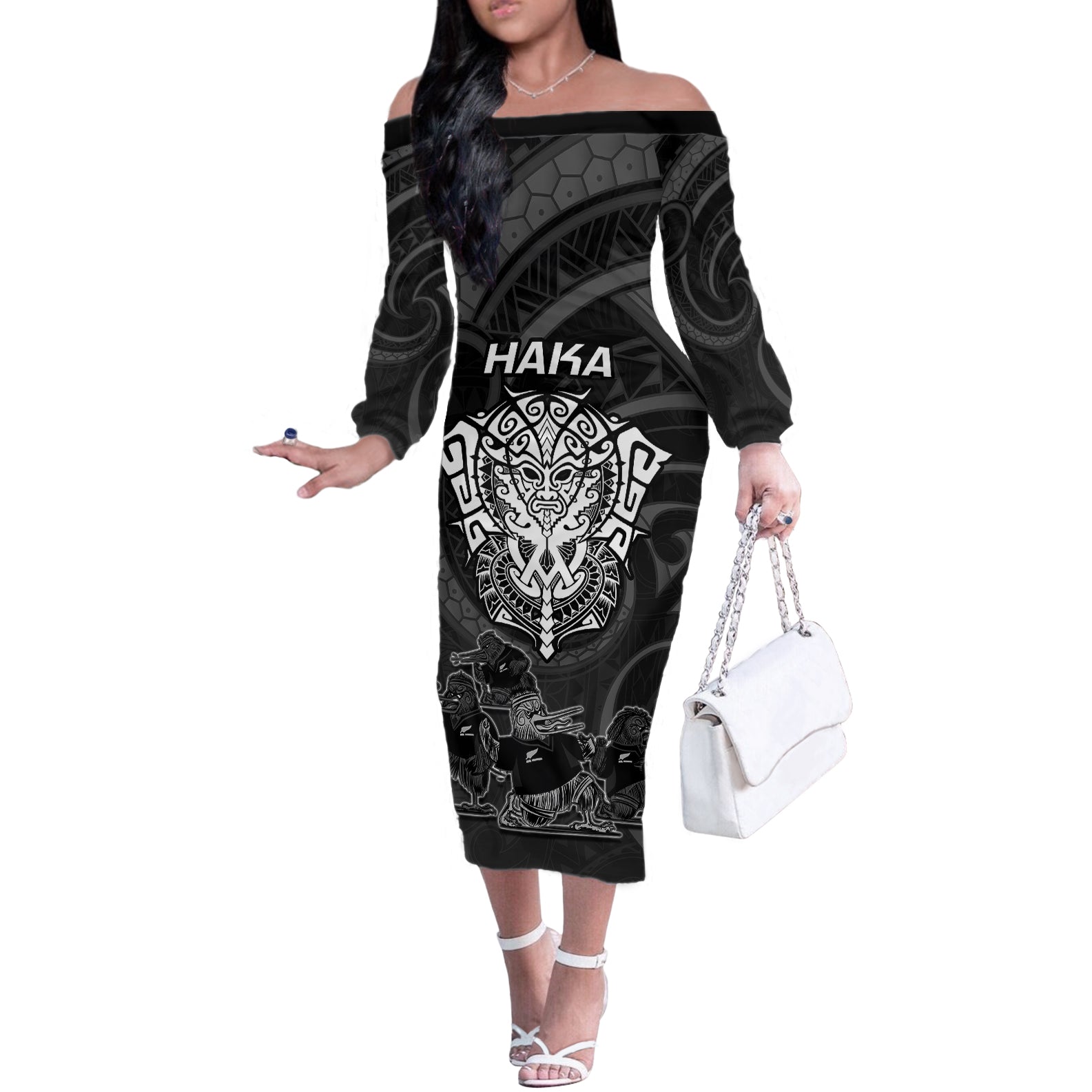 Personalised New Zealand Rugby Off The Shoulder Long Sleeve Dress Aotearoa Ka Mate Haka All Black Mix Ta Moko White Style - Wonder Print Shop