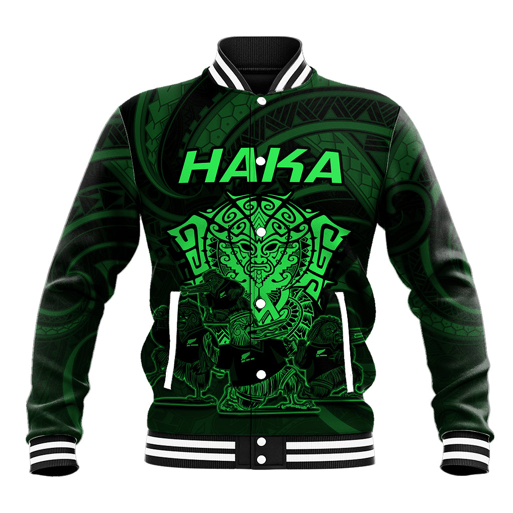Green baseball jacket with white striped collar and bold tribal graphic, snap button front