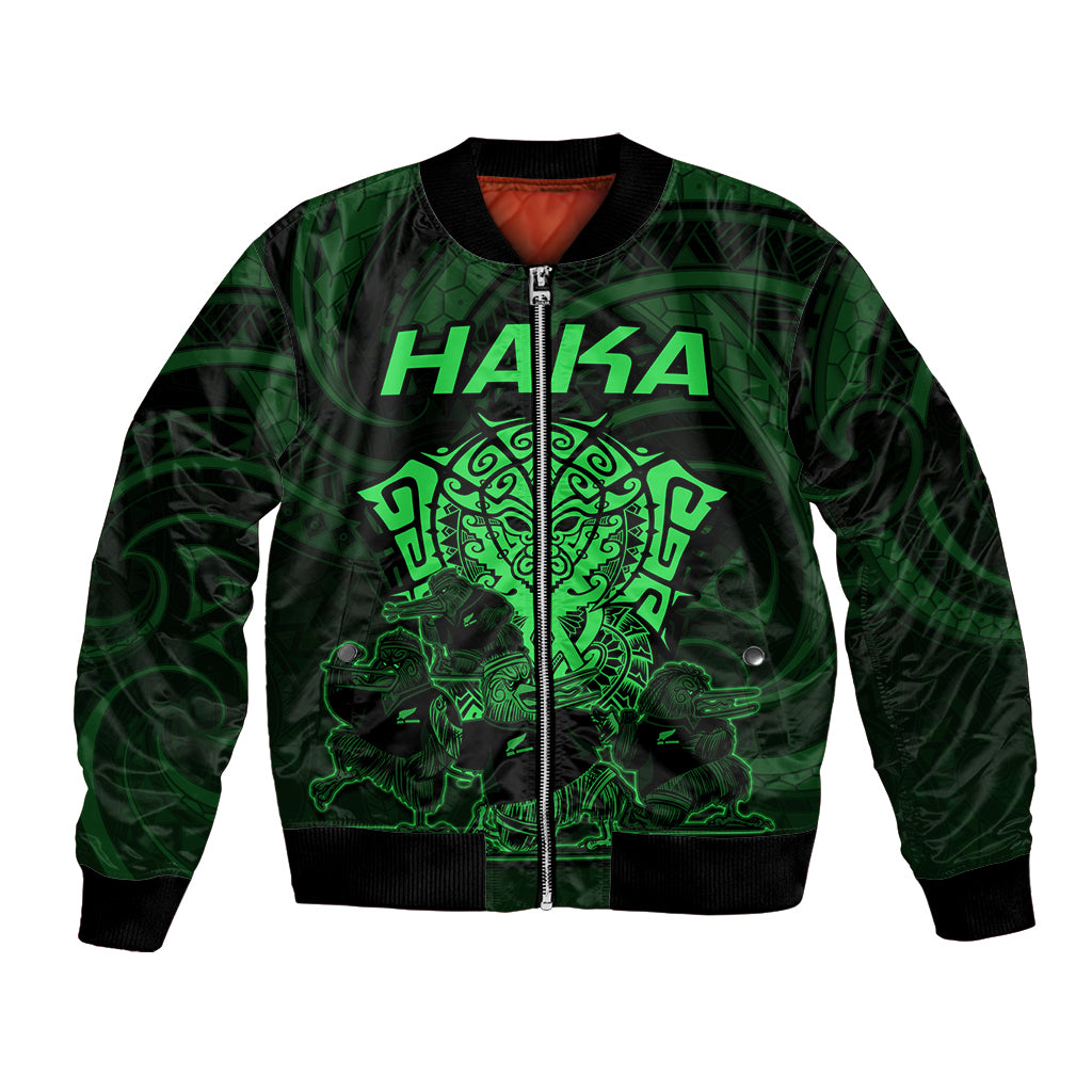 Green bomber jacket with full-zip front and large 'HAIKA' tribal graphic