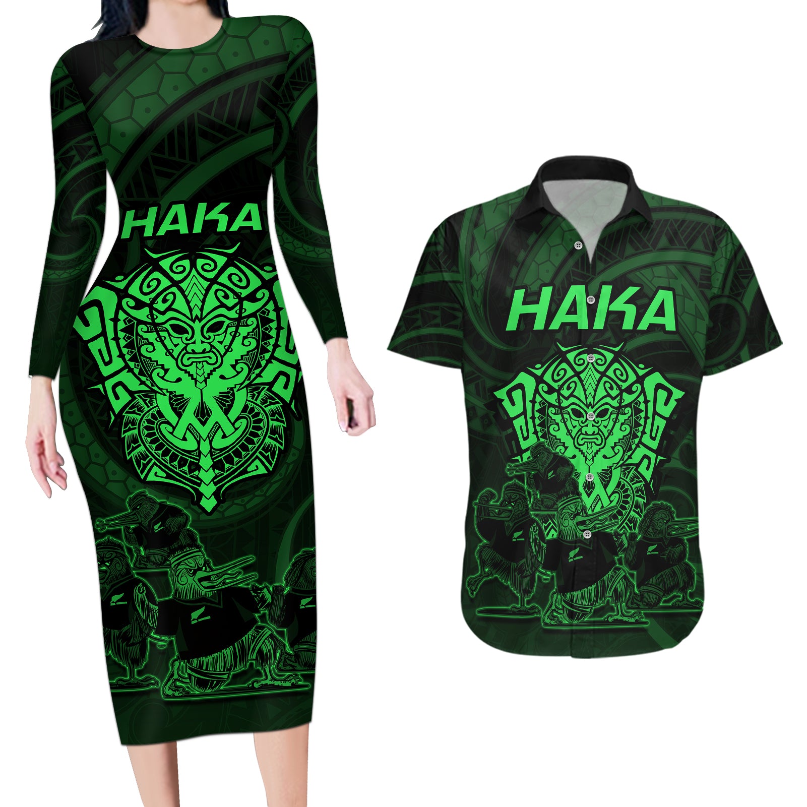 Personalised New Zealand Rugby Couples Matching Long Sleeve Bodycon Dress and Hawaiian Shirt Aotearoa Ka Mate Haka All Black Mix Ta Moko Green Style LT9 - Wonder Print Shop