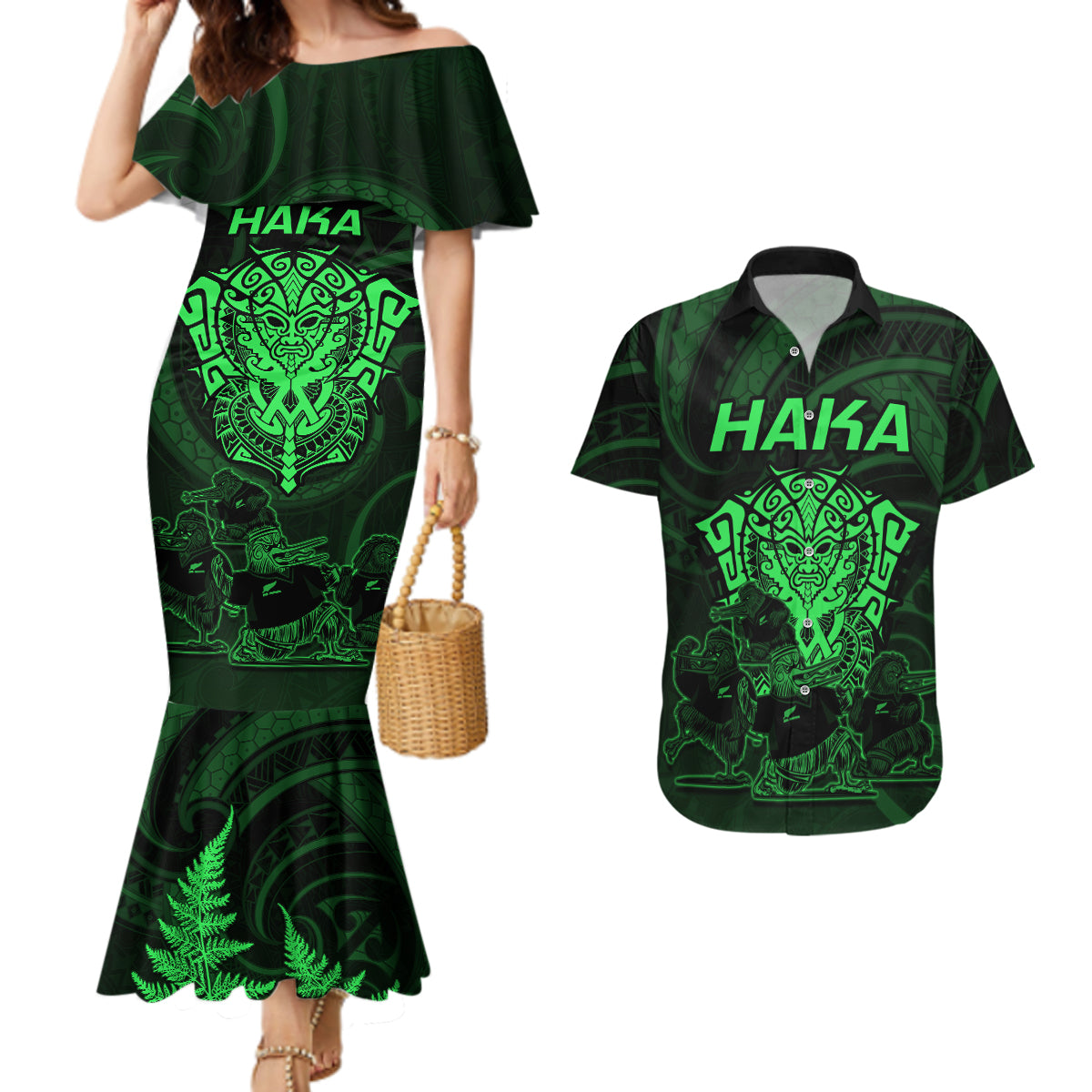 Personalised New Zealand Rugby Couples Matching Mermaid Dress and Hawaiian Shirt Aotearoa Ka Mate Haka All Black Mix Ta Moko Green Style LT9 - Wonder Print Shop