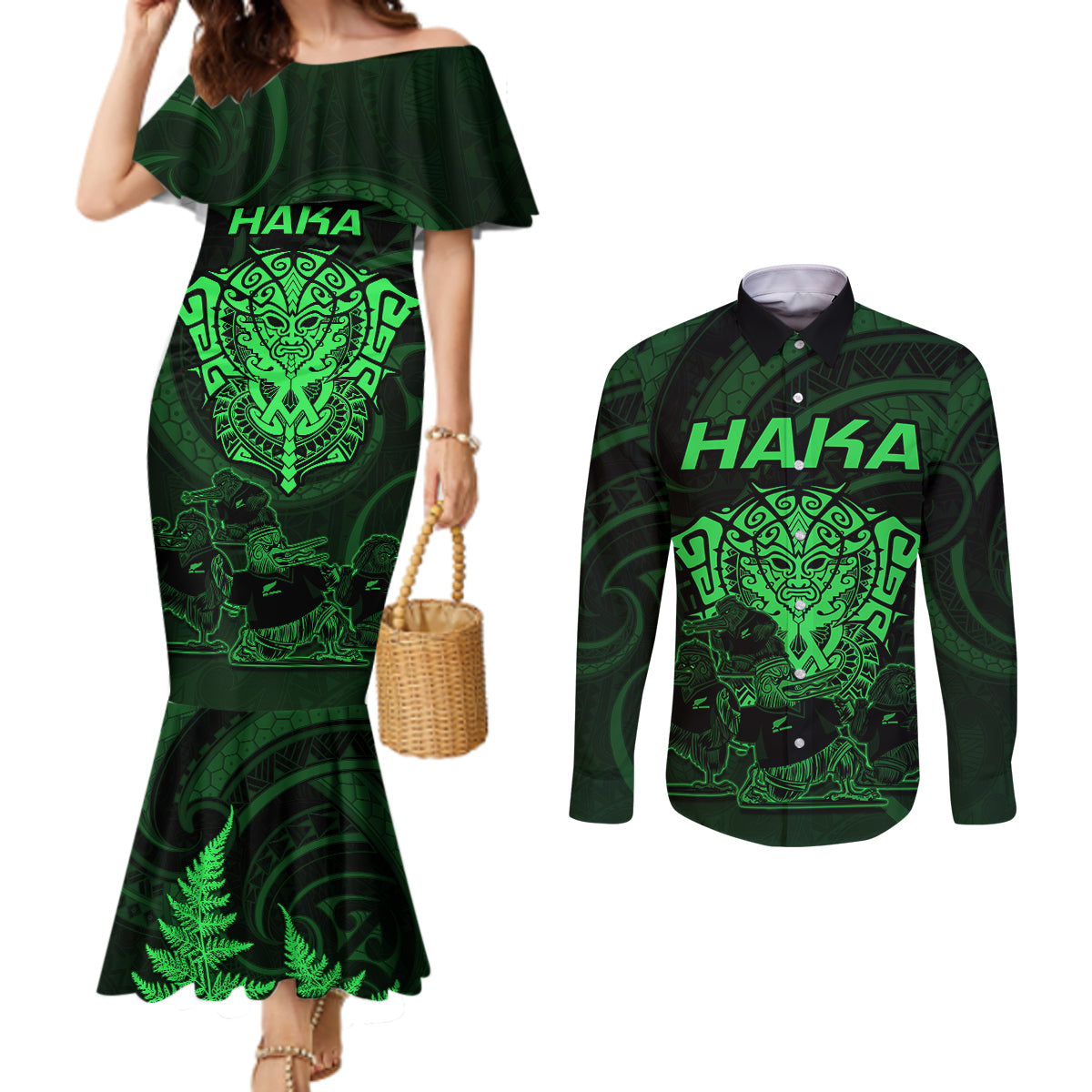 personalised-new-zealand-rugby-couples-matching-mermaid-dress-and-long-sleeve-button-shirts-aotearoa-ka-mate-haka-all-black-mix-ta-moko-green-style