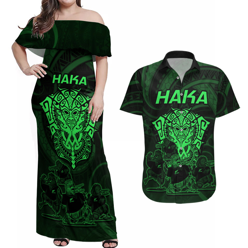 Personalised New Zealand Rugby Couples Matching Off Shoulder Maxi Dress and Hawaiian Shirt Aotearoa Ka Mate Haka All Black Mix Ta Moko Green Style LT9 - Wonder Print Shop