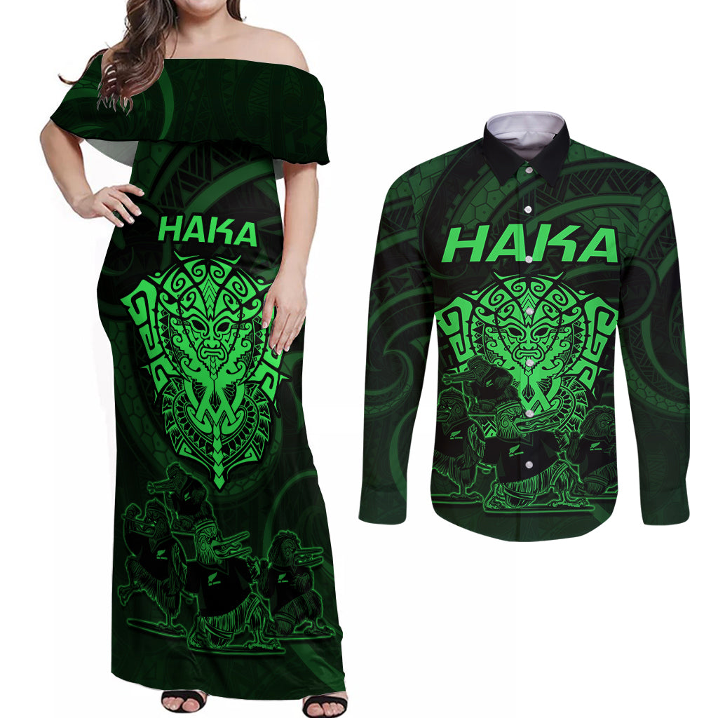 Personalised New Zealand Rugby Couples Matching Off Shoulder Maxi Dress and Long Sleeve Button Shirts Aotearoa Ka Mate Haka All Black Mix Ta Moko Green Style LT9 - Wonder Print Shop