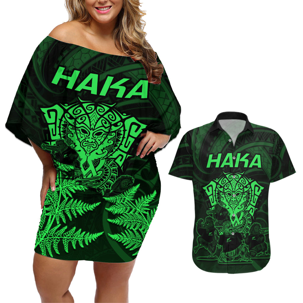 Personalised New Zealand Rugby Couples Matching Off Shoulder Short Dress and Hawaiian Shirt Aotearoa Ka Mate Haka All Black Mix Ta Moko Green Style LT9 - Wonder Print Shop