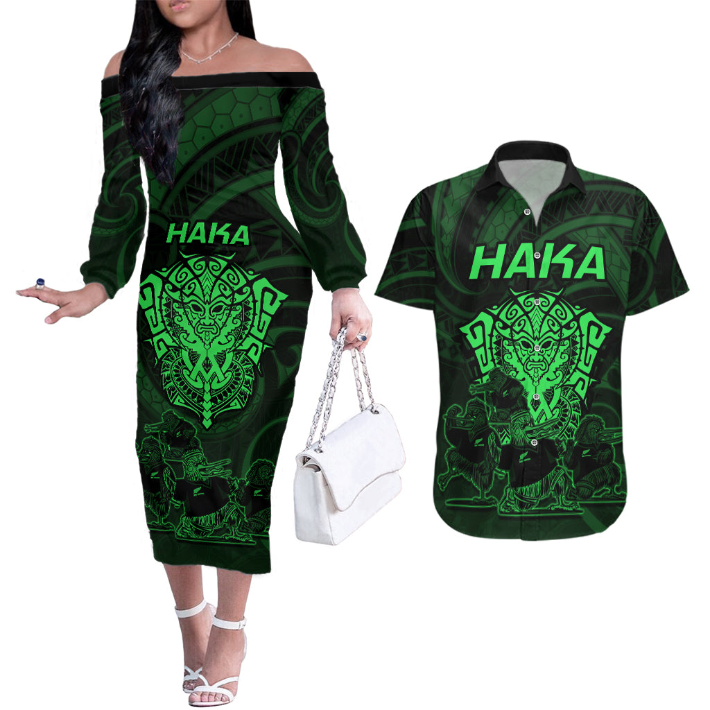 Personalised New Zealand Rugby Couples Matching Off The Shoulder Long Sleeve Dress and Hawaiian Shirt Aotearoa Ka Mate Haka All Black Mix Ta Moko Green Style LT9 - Wonder Print Shop