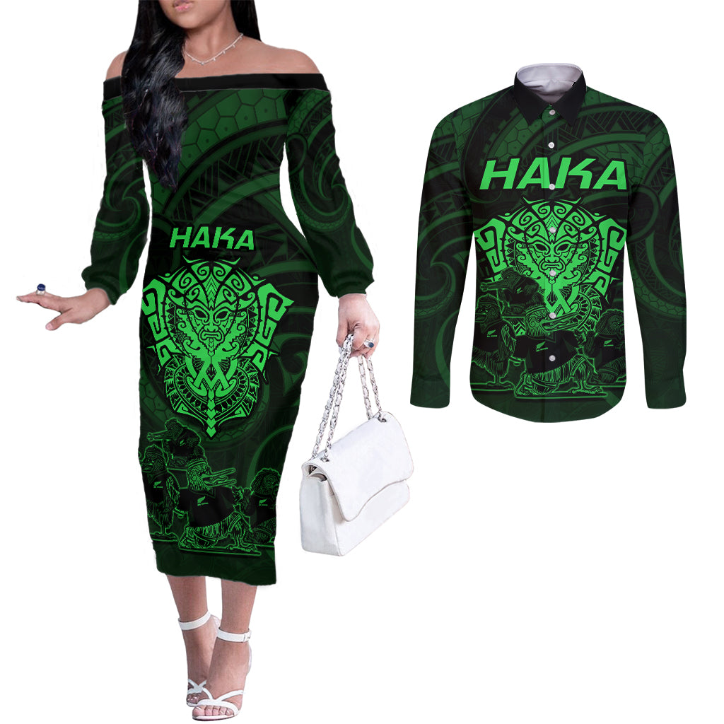 personalised-new-zealand-rugby-couples-matching-off-the-shoulder-long-sleeve-dress-and-long-sleeve-button-shirts-aotearoa-ka-mate-haka-all-black-mix-ta-moko-green-style