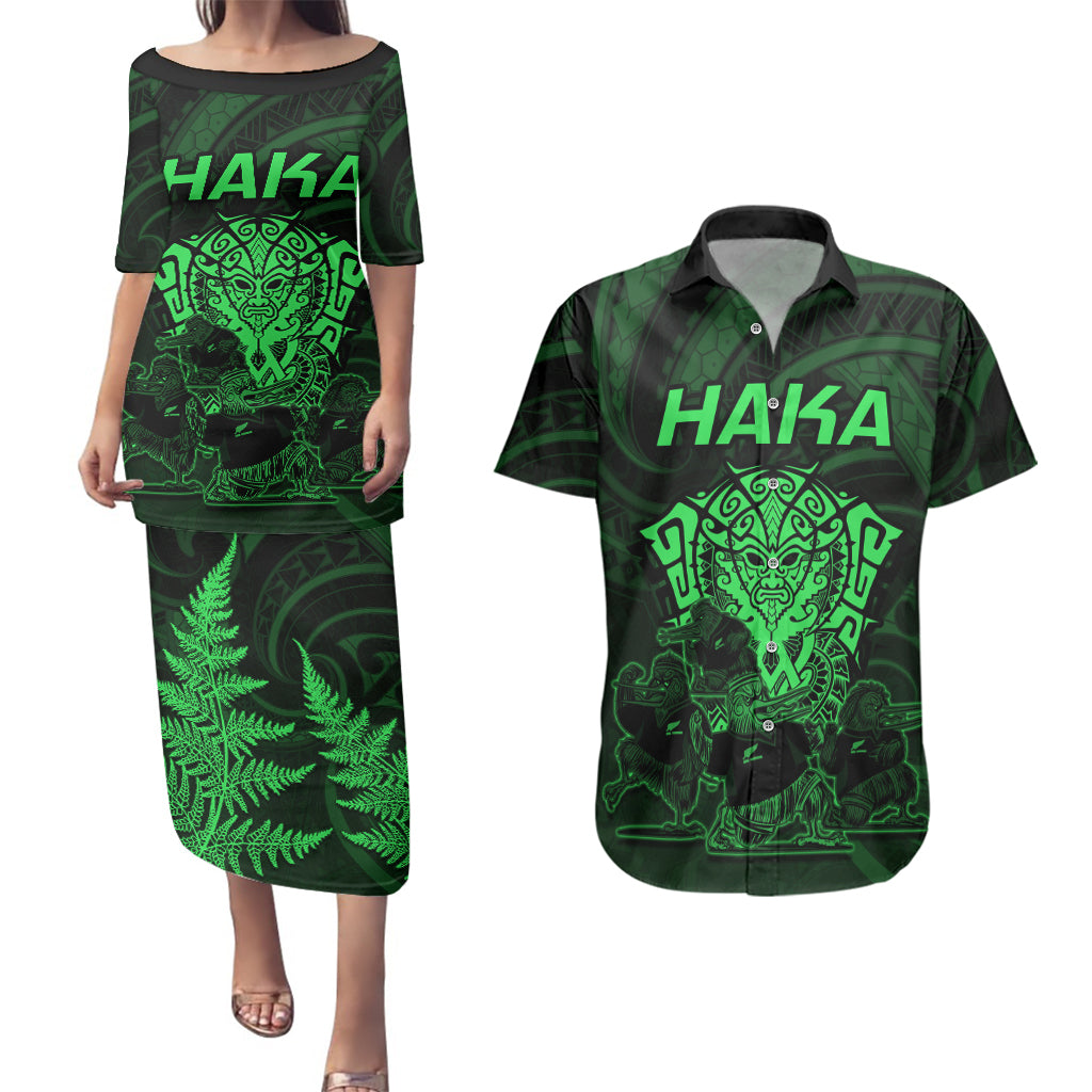 Personalised New Zealand Rugby Couples Matching Puletasi Dress and Hawaiian Shirt Aotearoa Ka Mate Haka All Black Mix Ta Moko Green Style LT9 - Wonder Print Shop