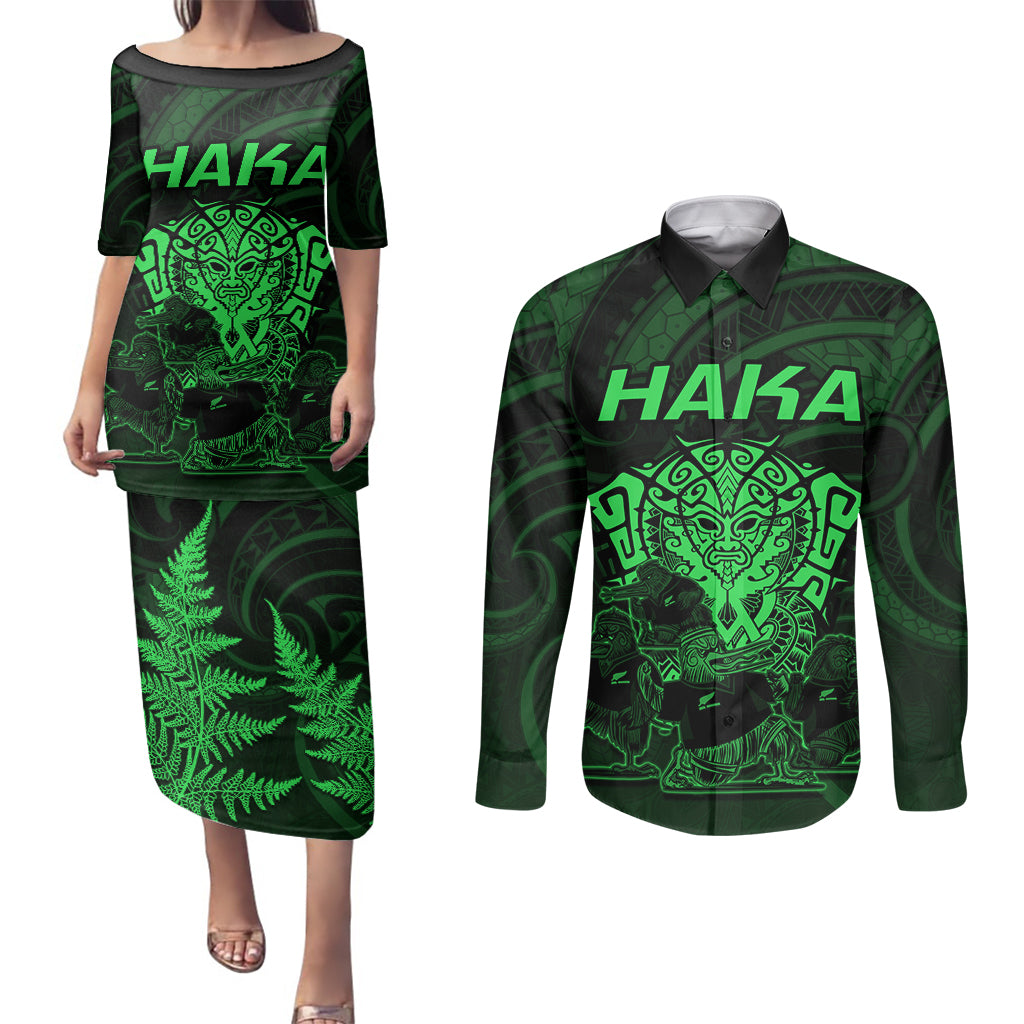 Personalised New Zealand Rugby Couples Matching Puletasi Dress and Long Sleeve Button Shirts Aotearoa Ka Mate Haka All Black Mix Ta Moko Green Style LT9 - Wonder Print Shop