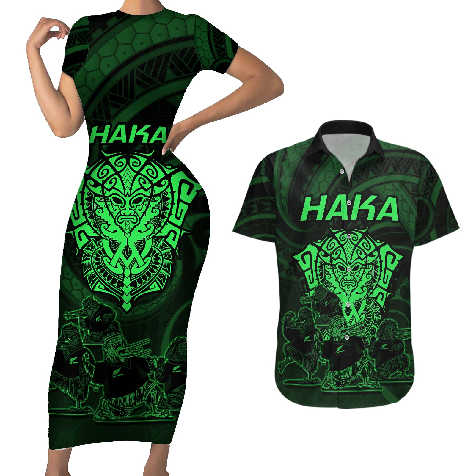 Personalised New Zealand Rugby Couples Matching Short Sleeve Bodycon Dress and Hawaiian Shirt Aotearoa Ka Mate Haka All Black Mix Ta Moko Green Style LT9 - Wonder Print Shop