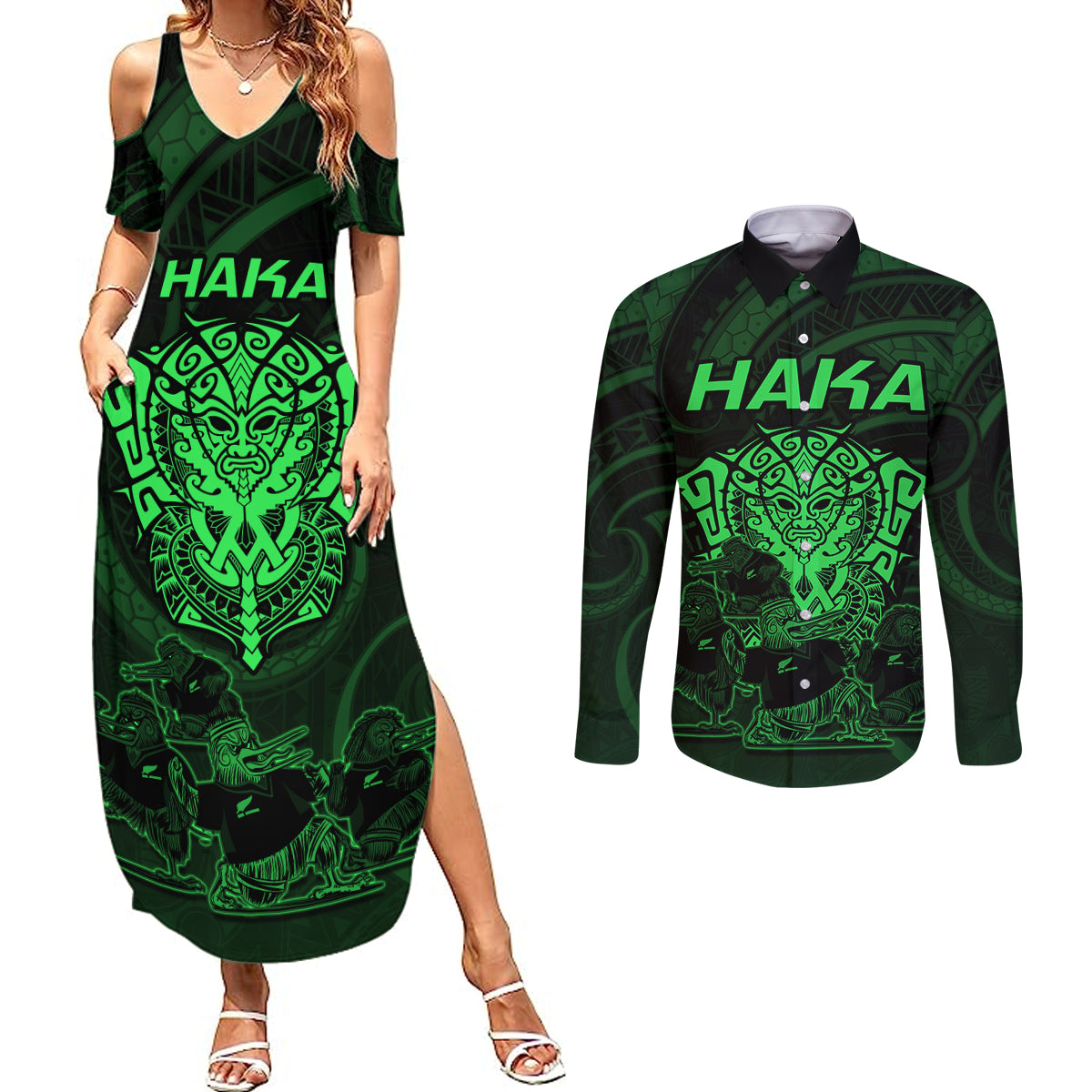 Personalised New Zealand Rugby Couples Matching Summer Maxi Dress and Long Sleeve Button Shirts Aotearoa Ka Mate Haka All Black Mix Ta Moko Green Style LT9 - Wonder Print Shop