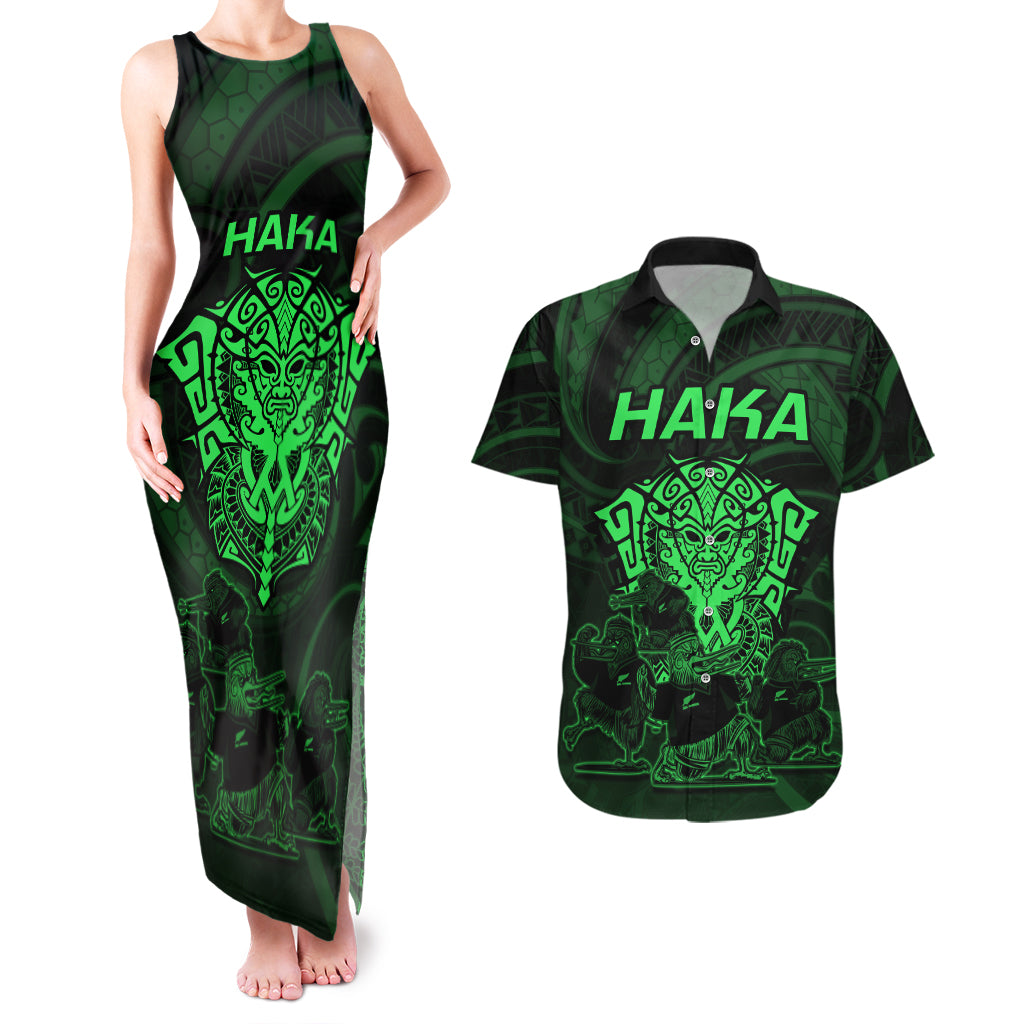 Personalised New Zealand Rugby Couples Matching Tank Maxi Dress and Hawaiian Shirt Aotearoa Ka Mate Haka All Black Mix Ta Moko Green Style LT9 - Wonder Print Shop