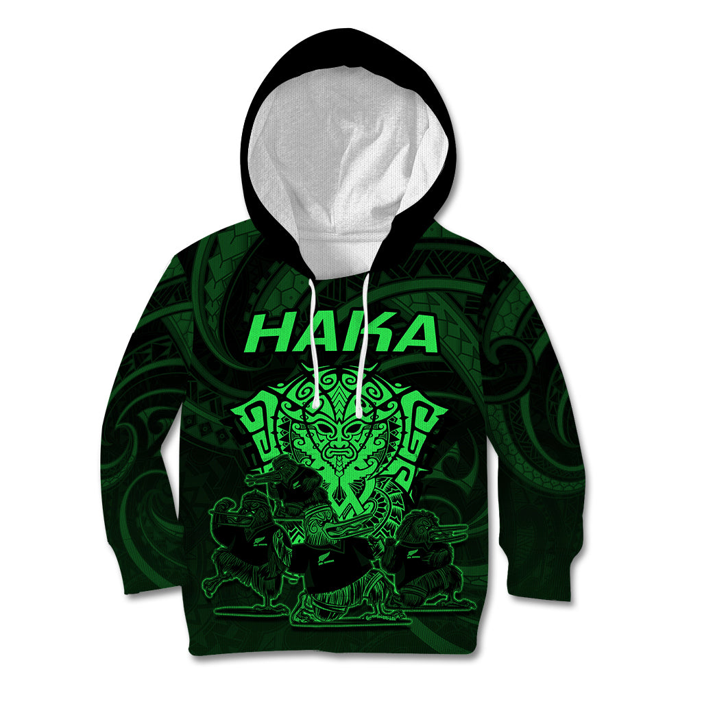 Personalised New Zealand Rugby Kid Hoodie Aotearoa Ka Mate Haka All Black Mix Ta Moko Green Style - Wonder Print Shop