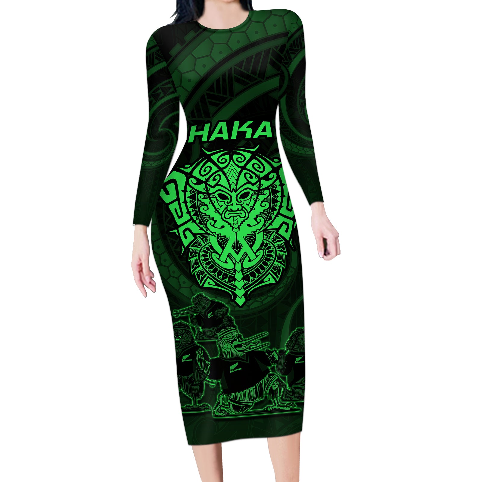 Personalised New Zealand Rugby Long Sleeve Bodycon Dress Aotearoa Ka Mate Haka All Black Mix Ta Moko Green Style - Wonder Print Shop