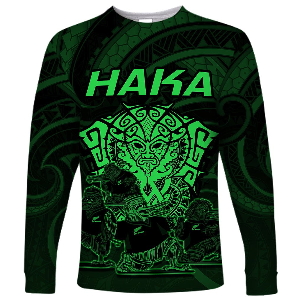 Personalised New Zealand Rugby Long Sleeve Shirt Aotearoa Ka Mate Haka All Black Mix Ta Moko Green Style - Wonder Print Shop