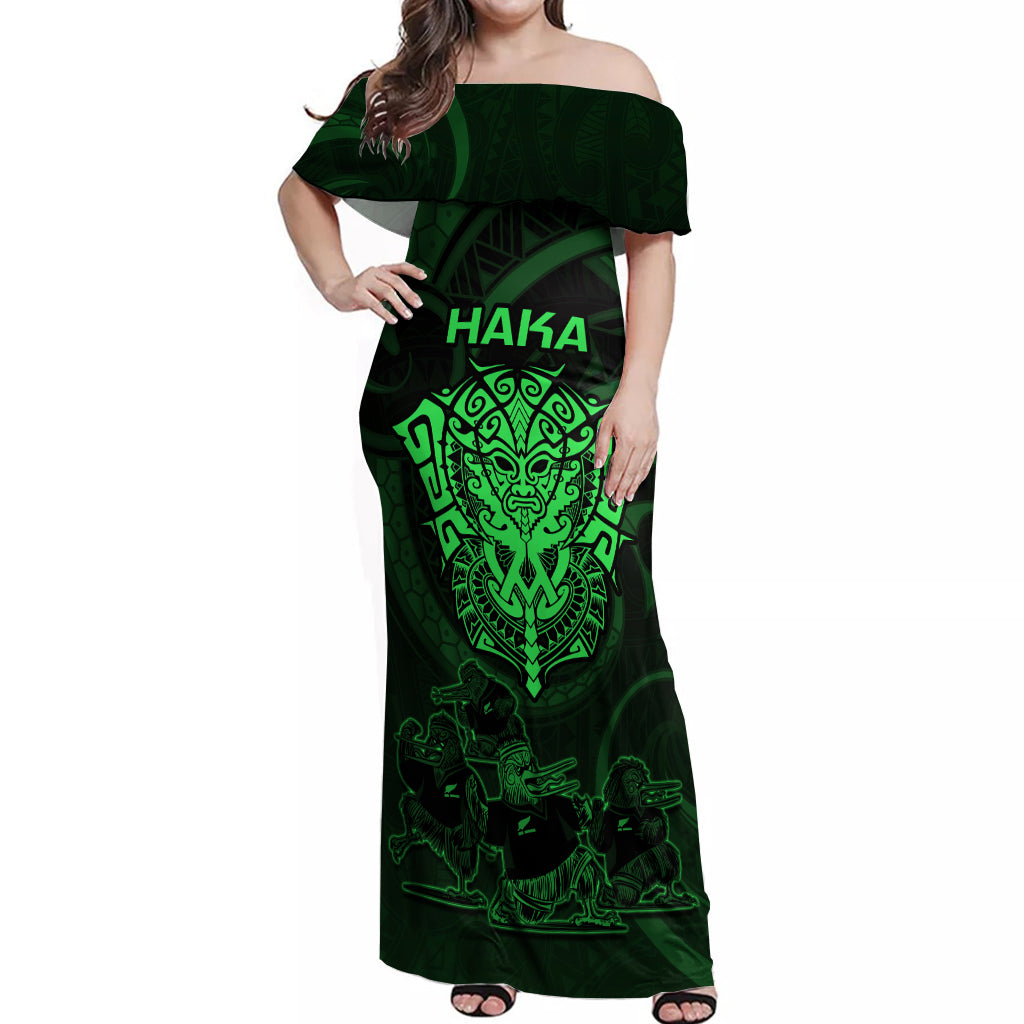 Personalised New Zealand Rugby Off Shoulder Maxi Dress Aotearoa Ka Mate Haka All Black Mix Ta Moko Green Style - Wonder Print Shop