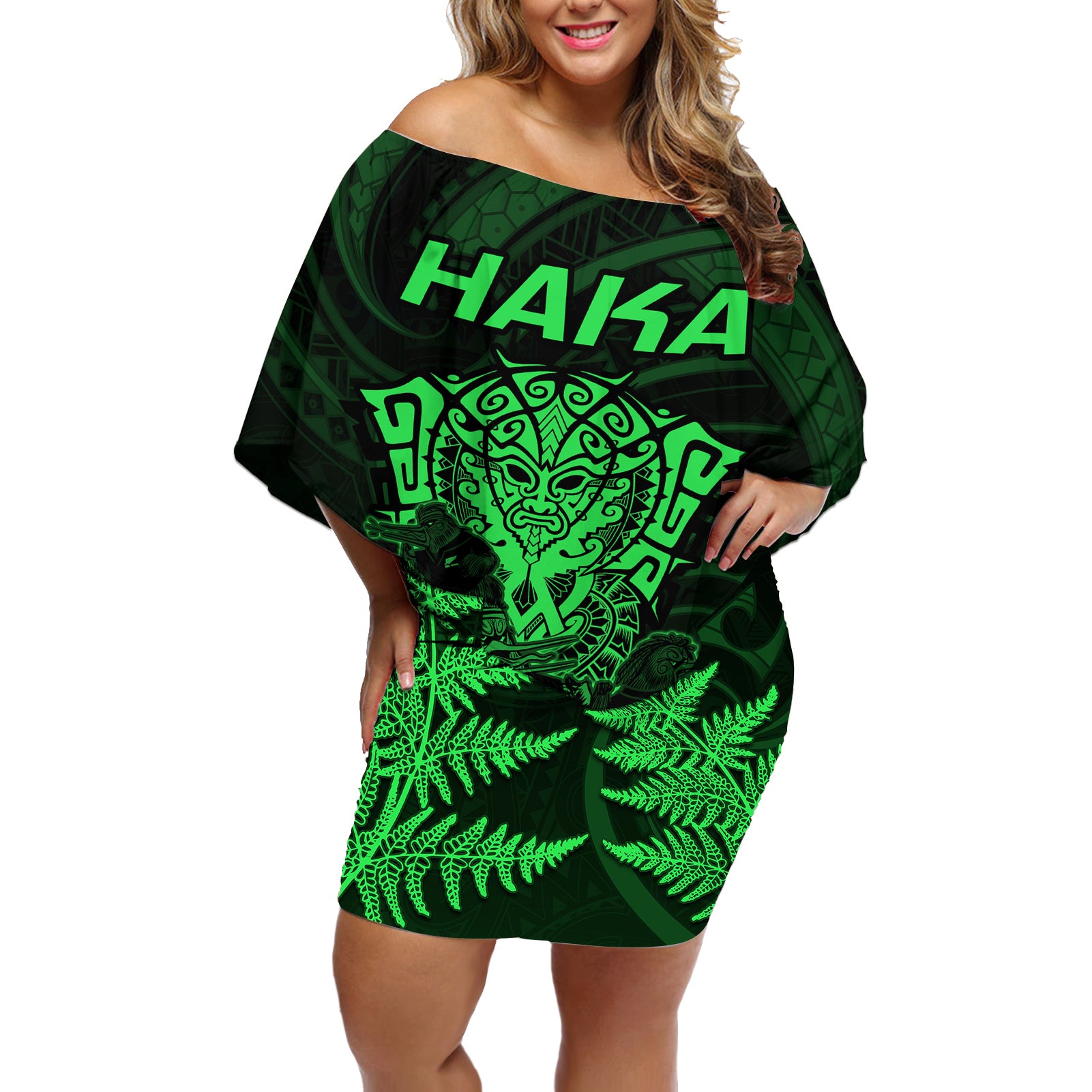 Personalised New Zealand Rugby Off Shoulder Short Dress Aotearoa Ka Mate Haka All Black Mix Ta Moko Green Style - Wonder Print Shop