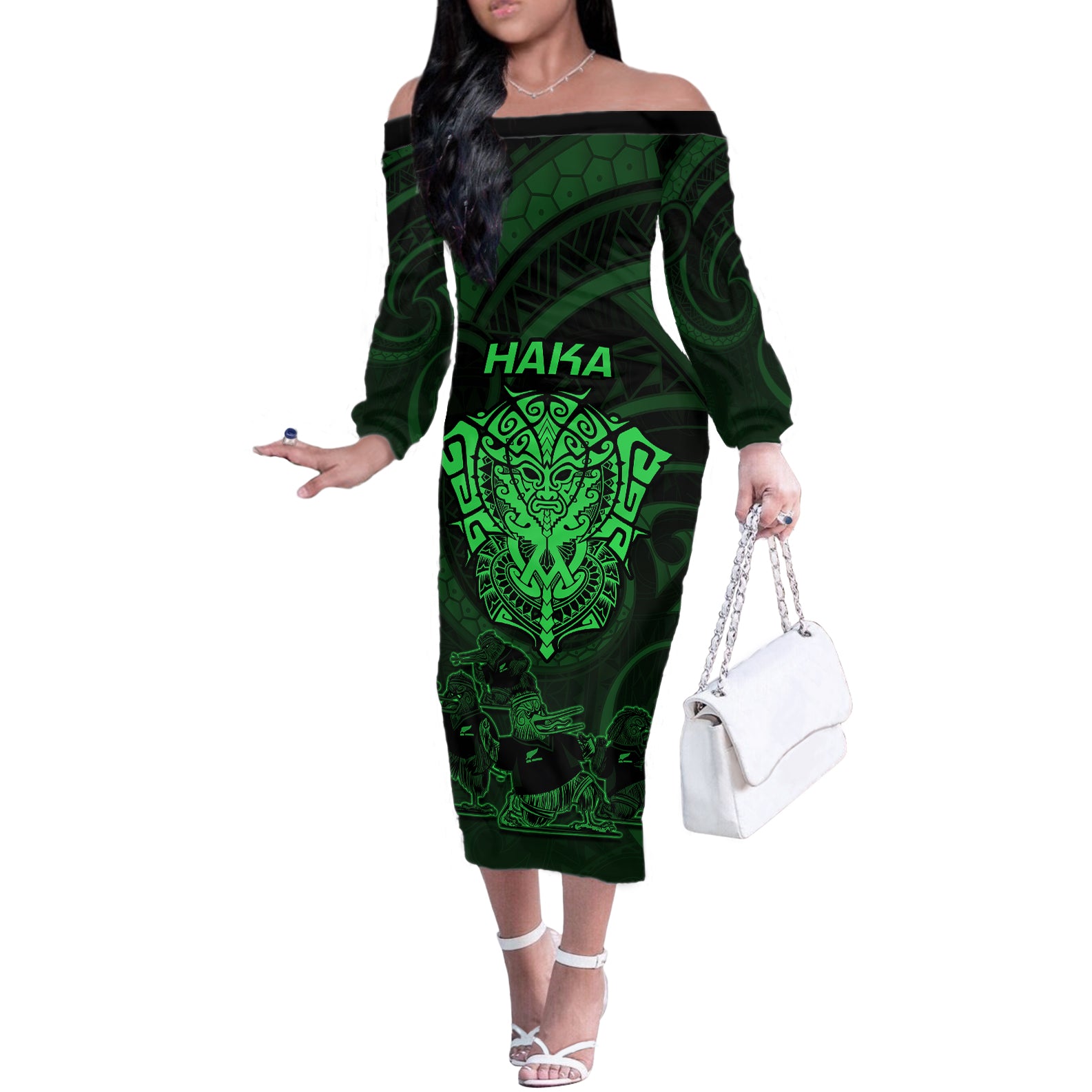 Personalised New Zealand Rugby Off The Shoulder Long Sleeve Dress Aotearoa Ka Mate Haka All Black Mix Ta Moko Green Style - Wonder Print Shop