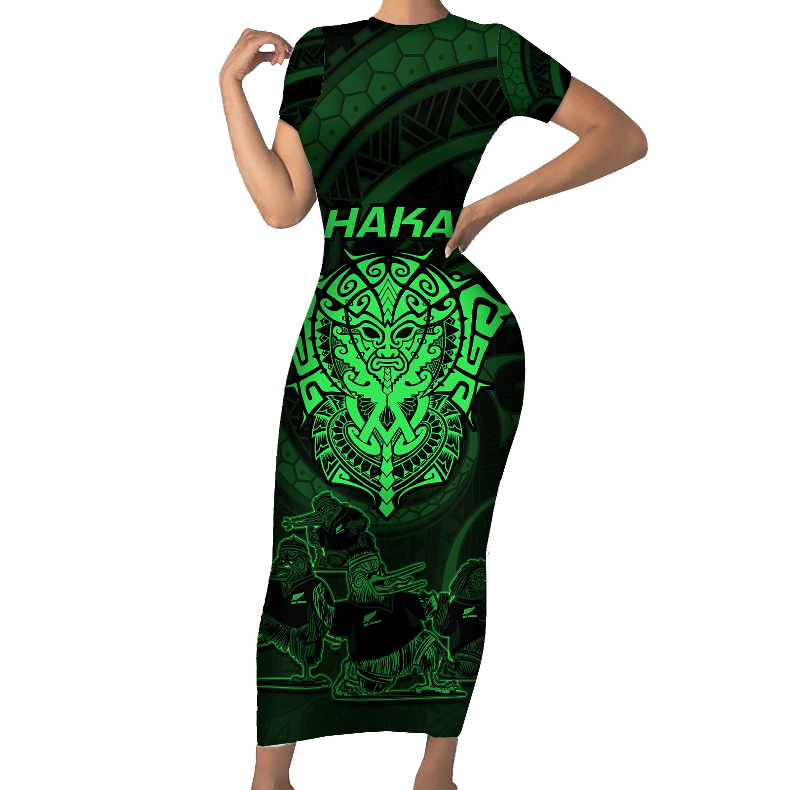 personalised-new-zealand-rugby-short-sleeve-bodycon-dress-aotearoa-ka-mate-haka-all-black-mix-ta-moko-green-style