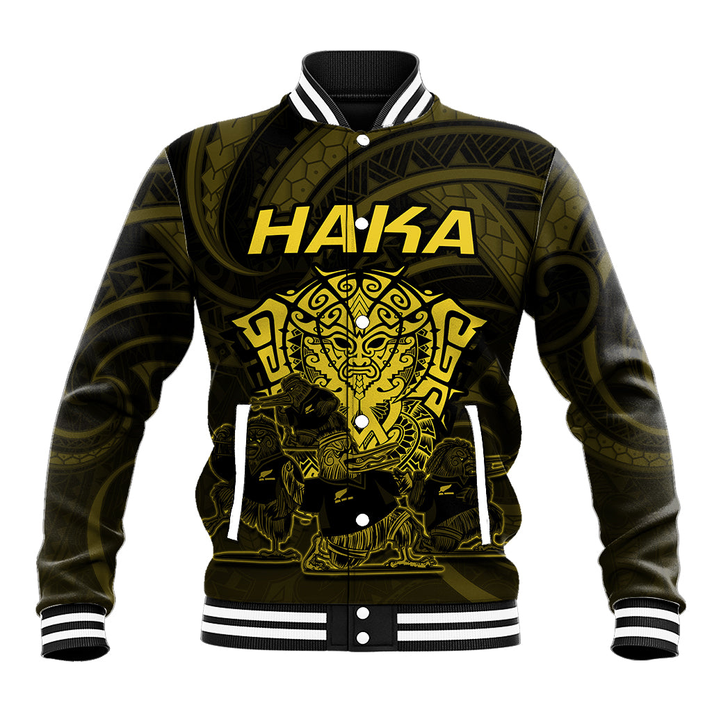 Rugby baseball jacket with ribbed striped collar, gold HAiKA front graphic, snap buttons