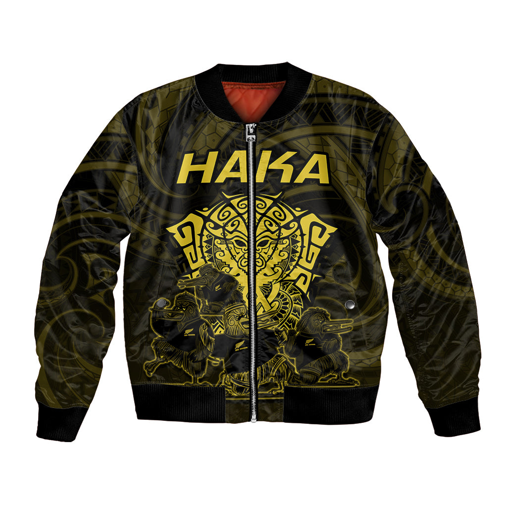 Unisex bomber jacket, dark green with gold HAKA emblem and front zipper