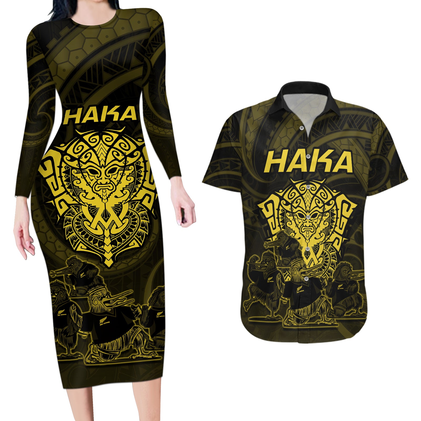 Personalised New Zealand Rugby Couples Matching Long Sleeve Bodycon Dress and Hawaiian Shirt Aotearoa Ka Mate Haka All Black Mix Ta Moko Gold Style LT9 - Wonder Print Shop