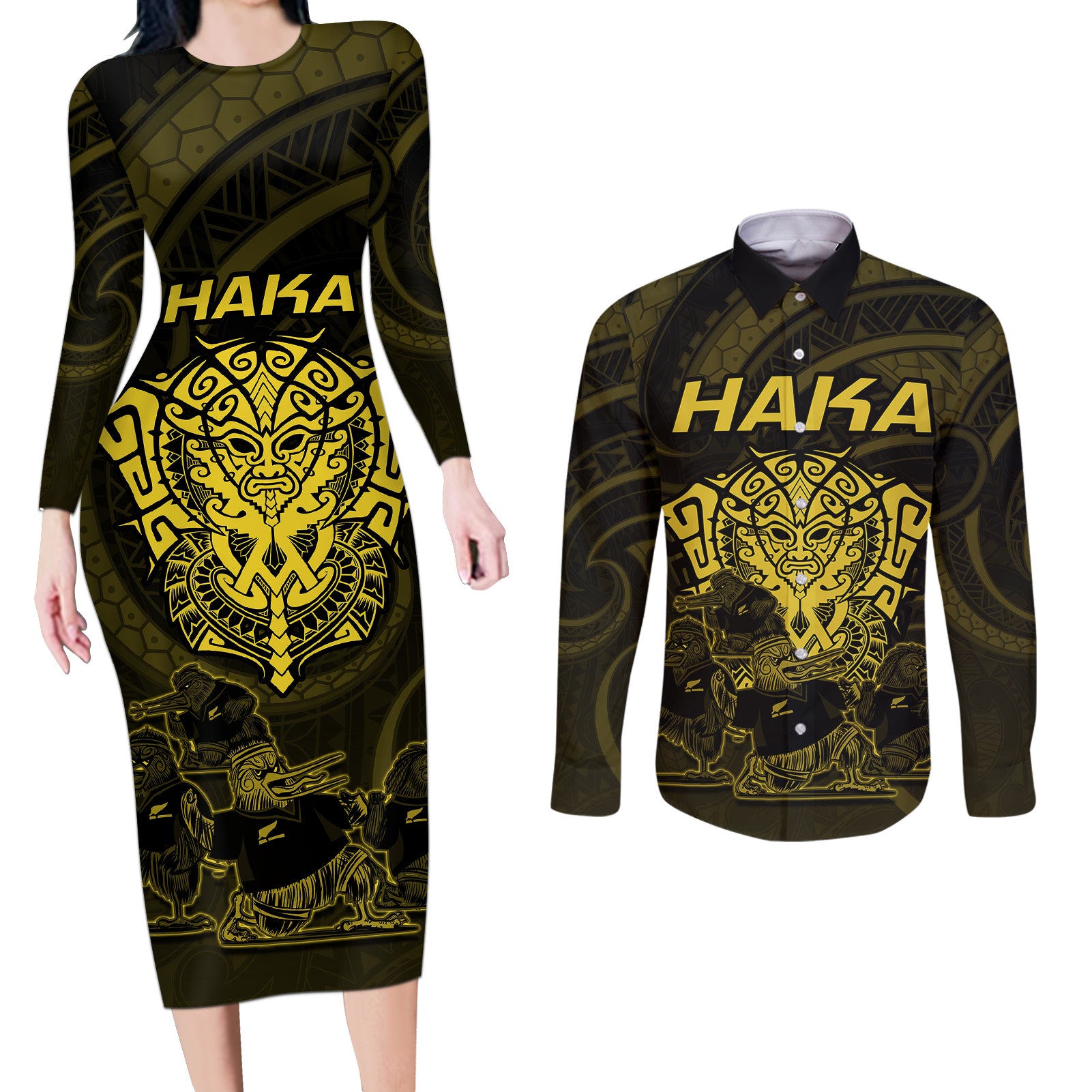 Personalised New Zealand Rugby Couples Matching Long Sleeve Bodycon Dress and Long Sleeve Button Shirts Aotearoa Ka Mate Haka All Black Mix Ta Moko Gold Style LT9 - Wonder Print Shop