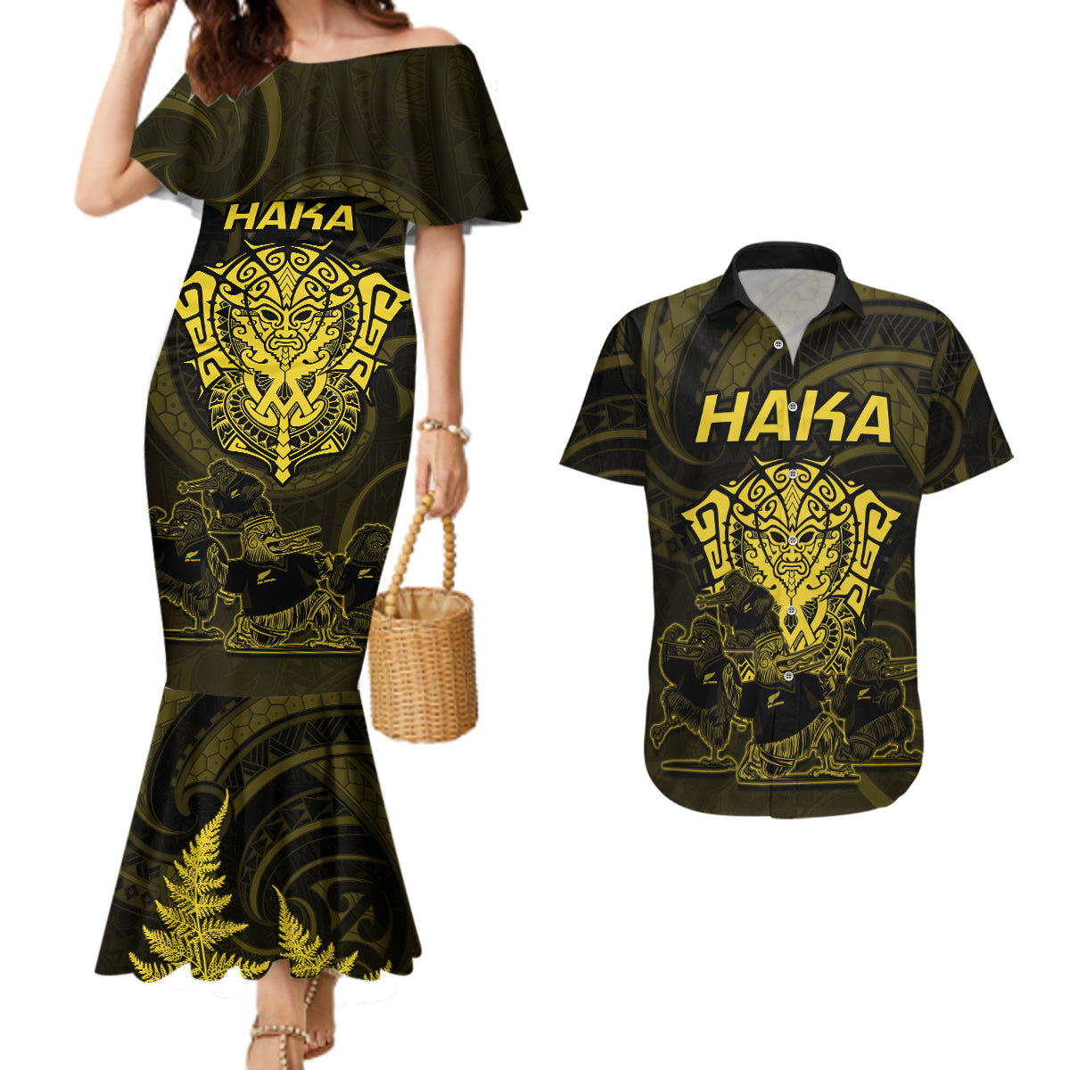 Personalised New Zealand Rugby Couples Matching Mermaid Dress and Hawaiian Shirt Aotearoa Ka Mate Haka All Black Mix Ta Moko Gold Style LT9 - Wonder Print Shop