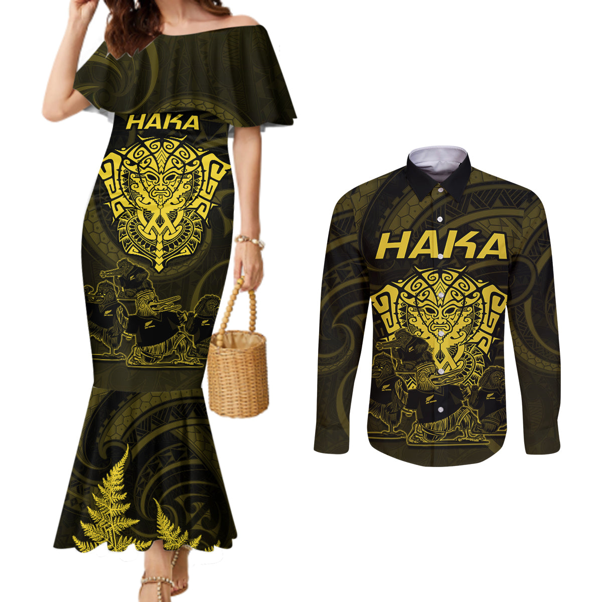 personalised-new-zealand-rugby-couples-matching-mermaid-dress-and-long-sleeve-button-shirts-aotearoa-ka-mate-haka-all-black-mix-ta-moko-gold-style