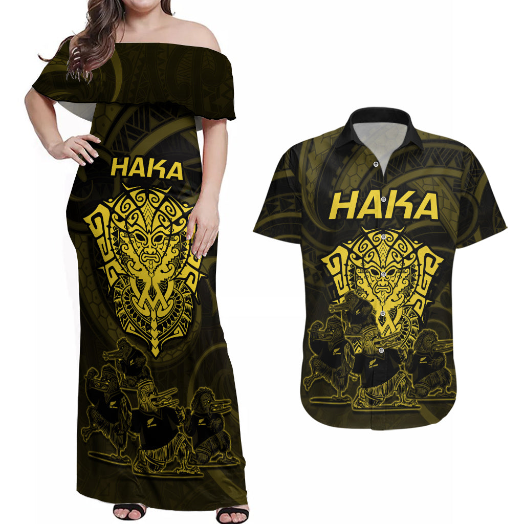 Personalised New Zealand Rugby Couples Matching Off Shoulder Maxi Dress and Hawaiian Shirt Aotearoa Ka Mate Haka All Black Mix Ta Moko Gold Style LT9 - Wonder Print Shop