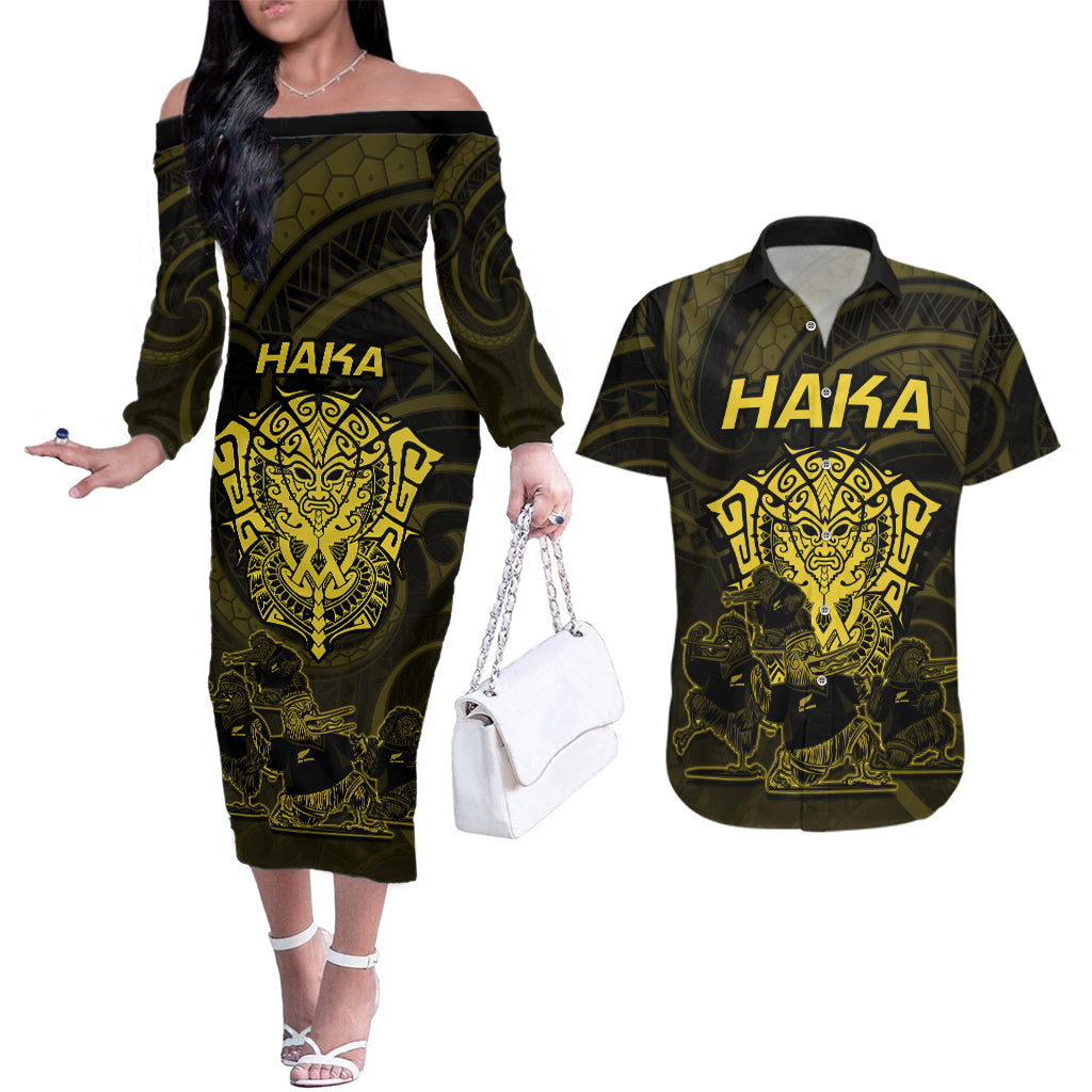 Personalised New Zealand Rugby Couples Matching Off The Shoulder Long Sleeve Dress and Hawaiian Shirt Aotearoa Ka Mate Haka All Black Mix Ta Moko Gold Style LT9 - Wonder Print Shop