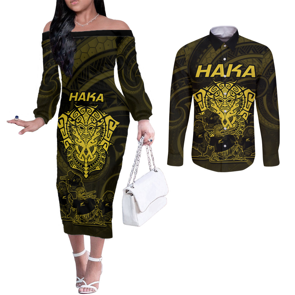 personalised-new-zealand-rugby-couples-matching-off-the-shoulder-long-sleeve-dress-and-long-sleeve-button-shirts-aotearoa-ka-mate-haka-all-black-mix-ta-moko-gold-style