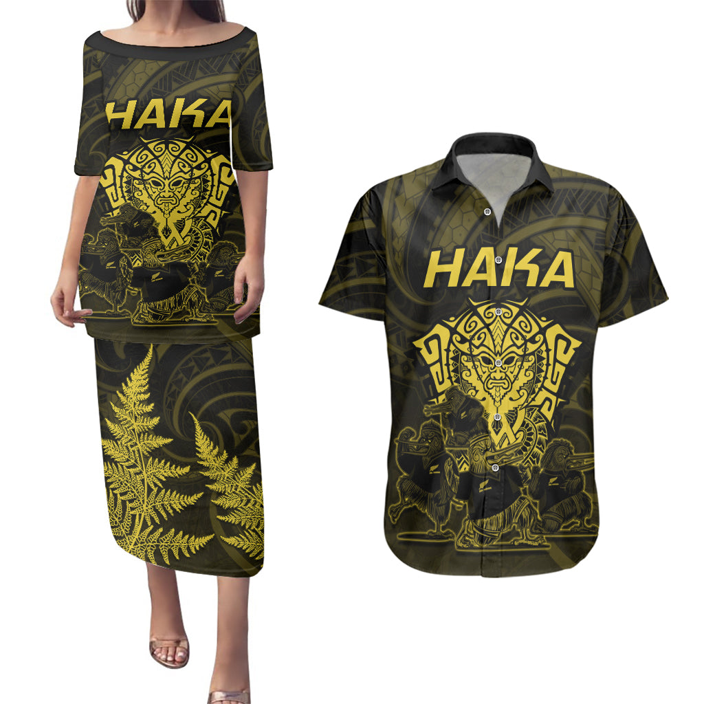 Personalised New Zealand Rugby Couples Matching Puletasi Dress and Hawaiian Shirt Aotearoa Ka Mate Haka All Black Mix Ta Moko Gold Style LT9 - Wonder Print Shop