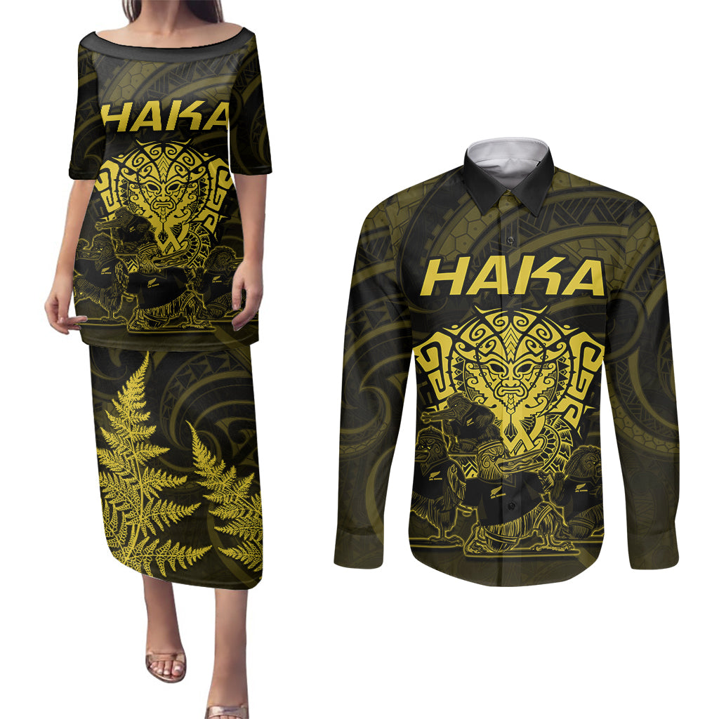 Personalised New Zealand Rugby Couples Matching Puletasi Dress and Long Sleeve Button Shirts Aotearoa Ka Mate Haka All Black Mix Ta Moko Gold Style LT9 - Wonder Print Shop