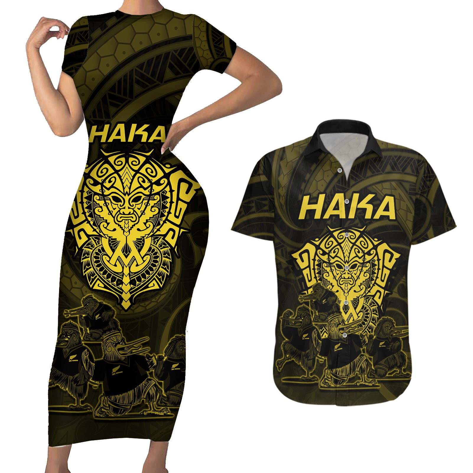 Personalised New Zealand Rugby Couples Matching Short Sleeve Bodycon Dress and Hawaiian Shirt Aotearoa Ka Mate Haka All Black Mix Ta Moko Gold Style LT9 - Wonder Print Shop