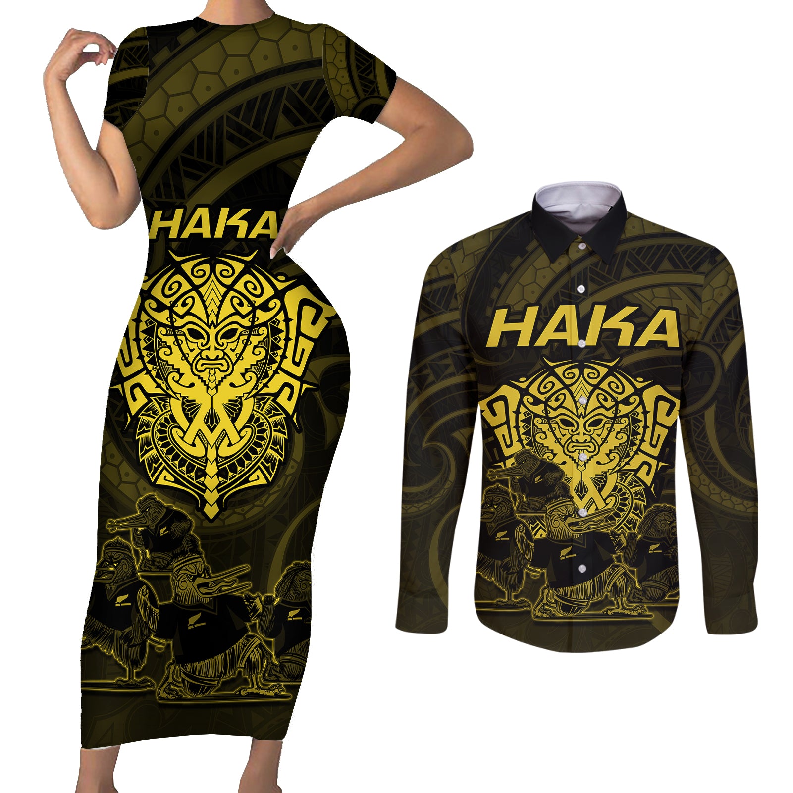 Personalised New Zealand Rugby Couples Matching Short Sleeve Bodycon Dress and Long Sleeve Button Shirts Aotearoa Ka Mate Haka All Black Mix Ta Moko Gold Style LT9 - Wonder Print Shop