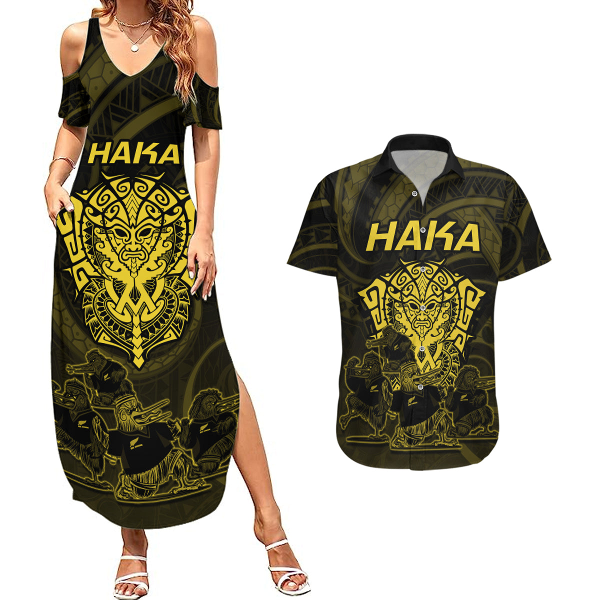 Personalised New Zealand Rugby Couples Matching Summer Maxi Dress and Hawaiian Shirt Aotearoa Ka Mate Haka All Black Mix Ta Moko Gold Style LT9 - Wonder Print Shop