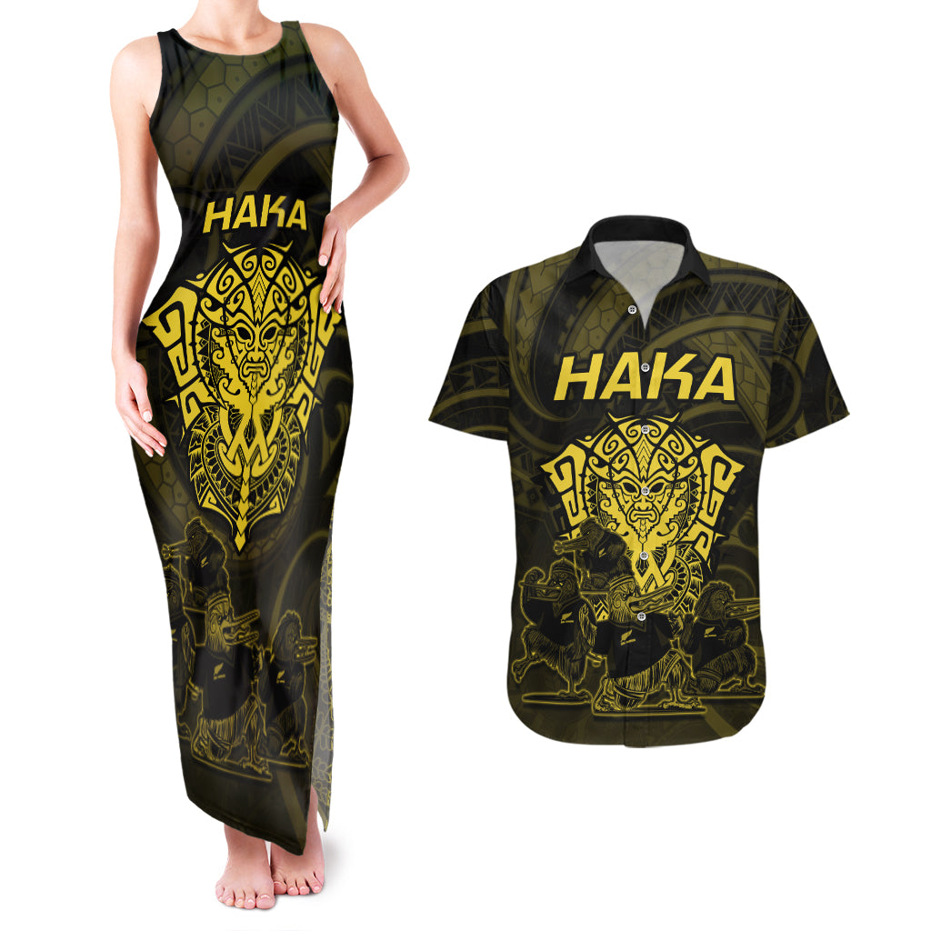 Personalised New Zealand Rugby Couples Matching Tank Maxi Dress and Hawaiian Shirt Aotearoa Ka Mate Haka All Black Mix Ta Moko Gold Style LT9 - Wonder Print Shop