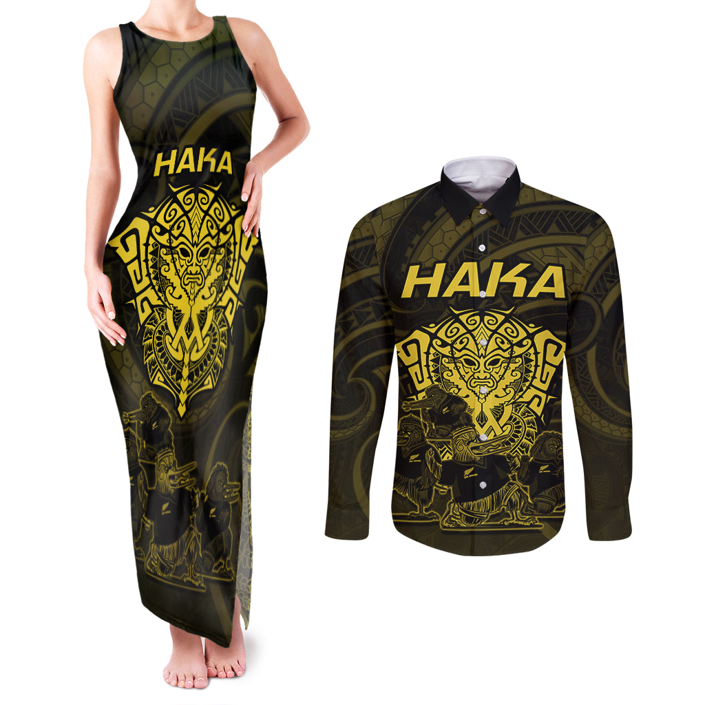 Personalised New Zealand Rugby Couples Matching Tank Maxi Dress and Long Sleeve Button Shirts Aotearoa Ka Mate Haka All Black Mix Ta Moko Gold Style LT9 - Wonder Print Shop