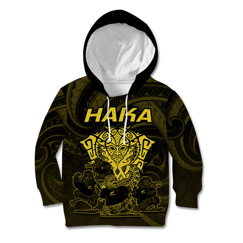 Personalised New Zealand Rugby Kid Hoodie Aotearoa Ka Mate Haka All Black Mix Ta Moko Gold Style - Wonder Print Shop