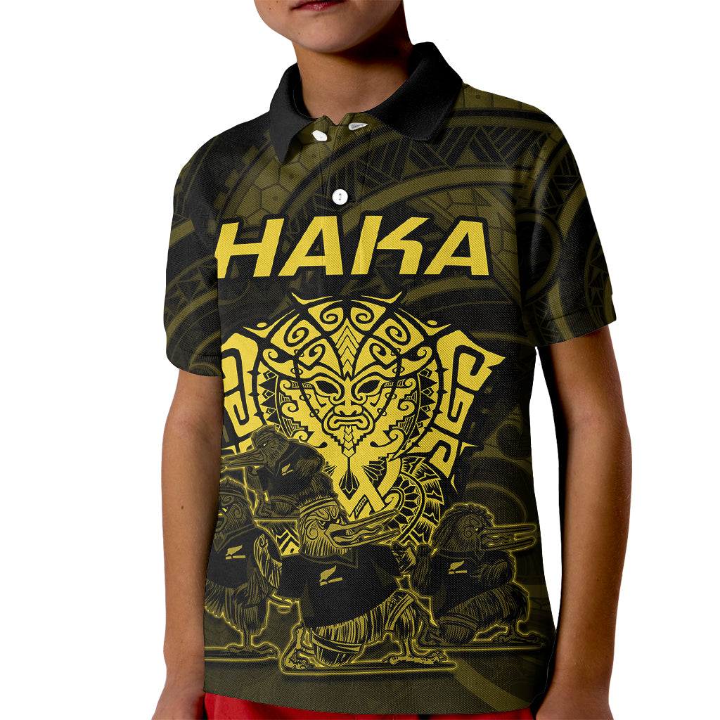 Personalised New Zealand Rugby Kid Polo Shirt Aotearoa Ka Mate Haka All Black Mix Ta Moko Gold Style - Wonder Print Shop