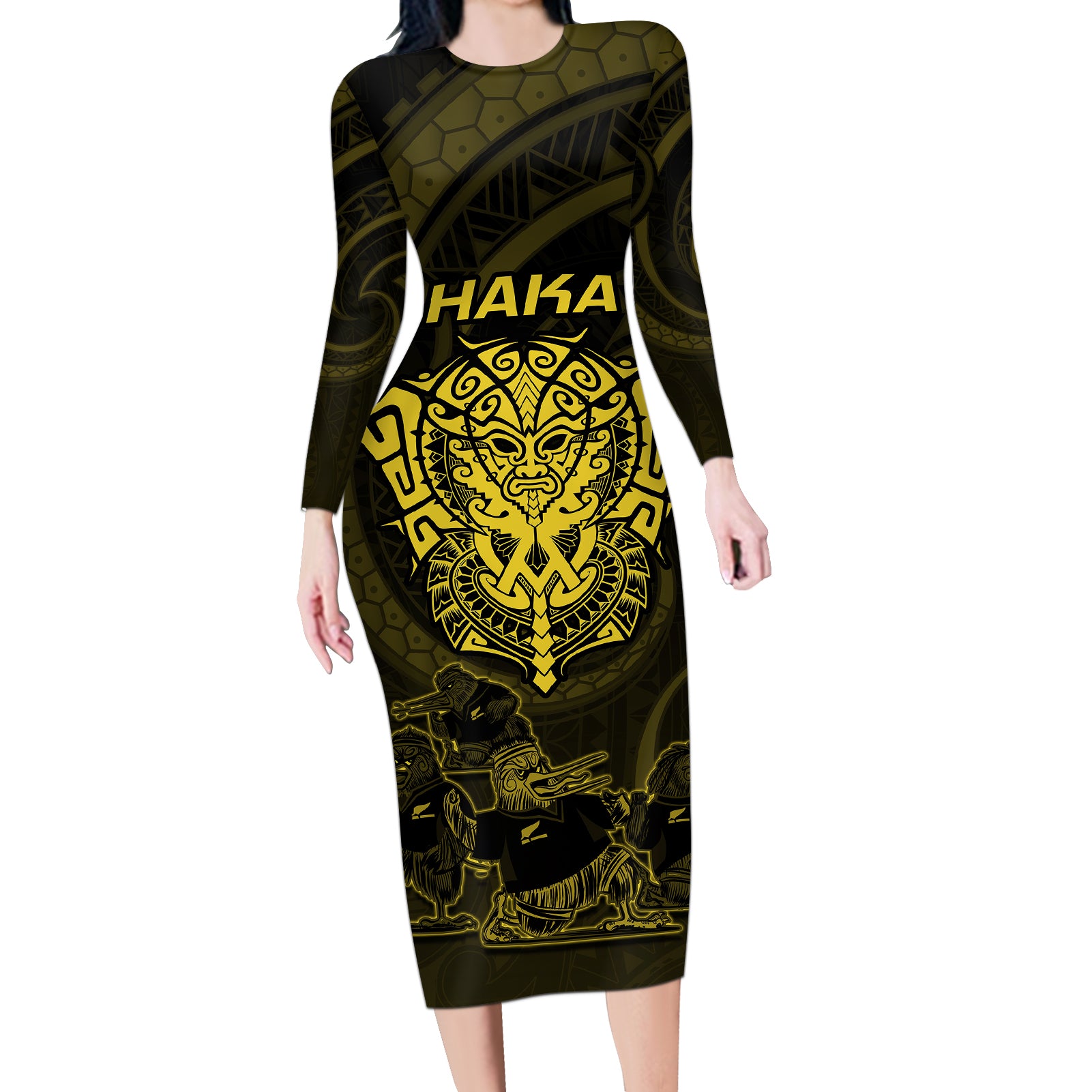 Personalised New Zealand Rugby Long Sleeve Bodycon Dress Aotearoa Ka Mate Haka All Black Mix Ta Moko Gold Style - Wonder Print Shop