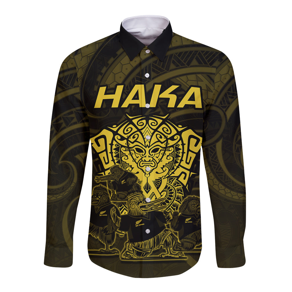 Personalised New Zealand Rugby Long Sleeve Button Shirt Aotearoa Ka Mate Haka All Black Mix Ta Moko Gold Style - Wonder Print Shop