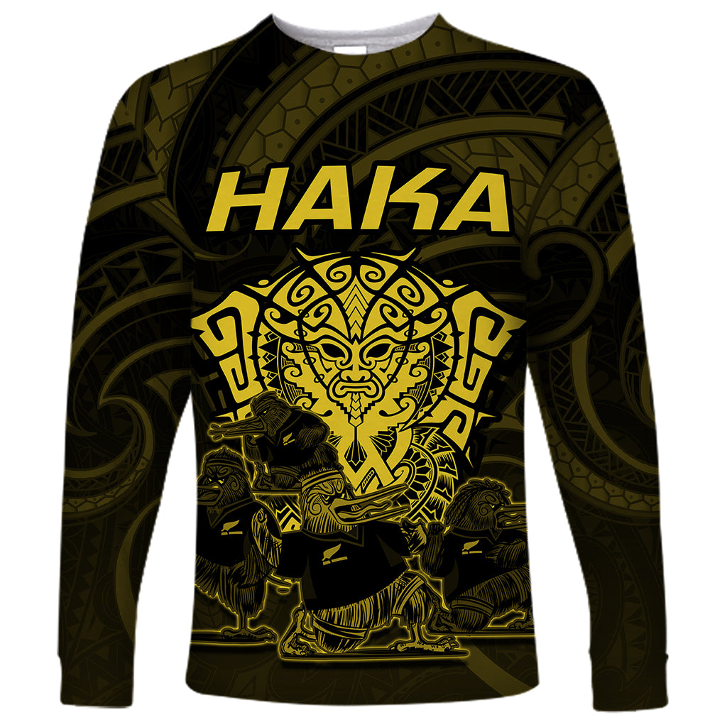 Personalised New Zealand Rugby Long Sleeve Shirt Aotearoa Ka Mate Haka All Black Mix Ta Moko Gold Style - Wonder Print Shop