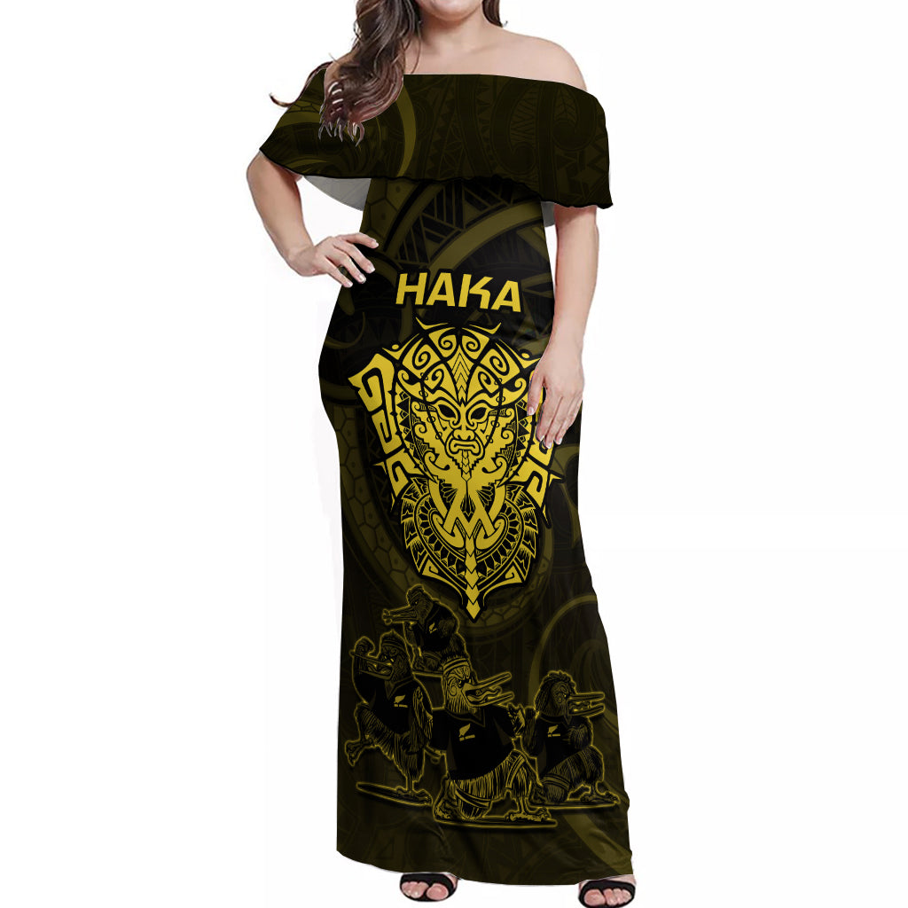 Personalised New Zealand Rugby Off Shoulder Maxi Dress Aotearoa Ka Mate Haka All Black Mix Ta Moko Gold Style - Wonder Print Shop