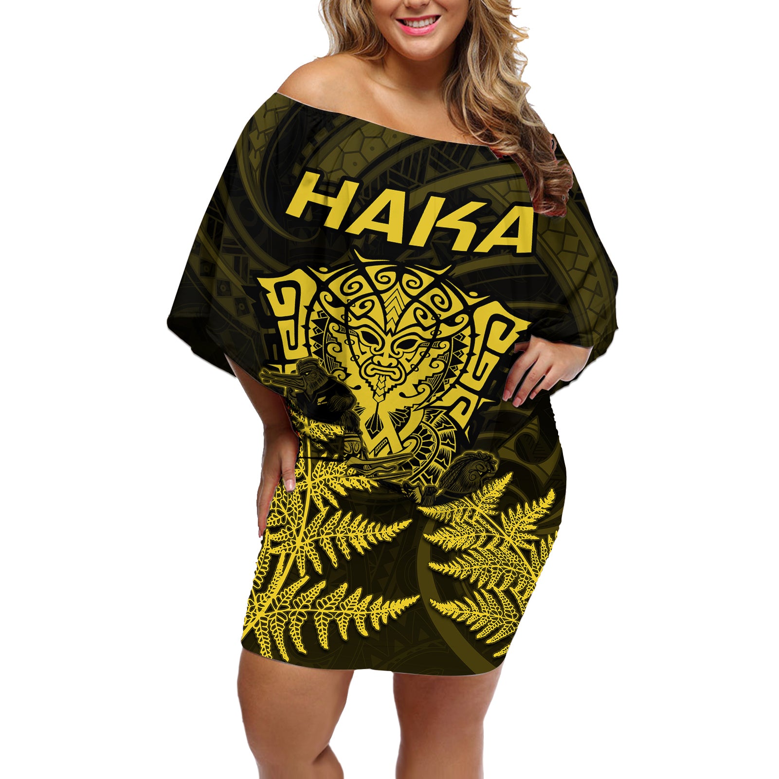 Personalised New Zealand Rugby Off Shoulder Short Dress Aotearoa Ka Mate Haka All Black Mix Ta Moko Gold Style - Wonder Print Shop